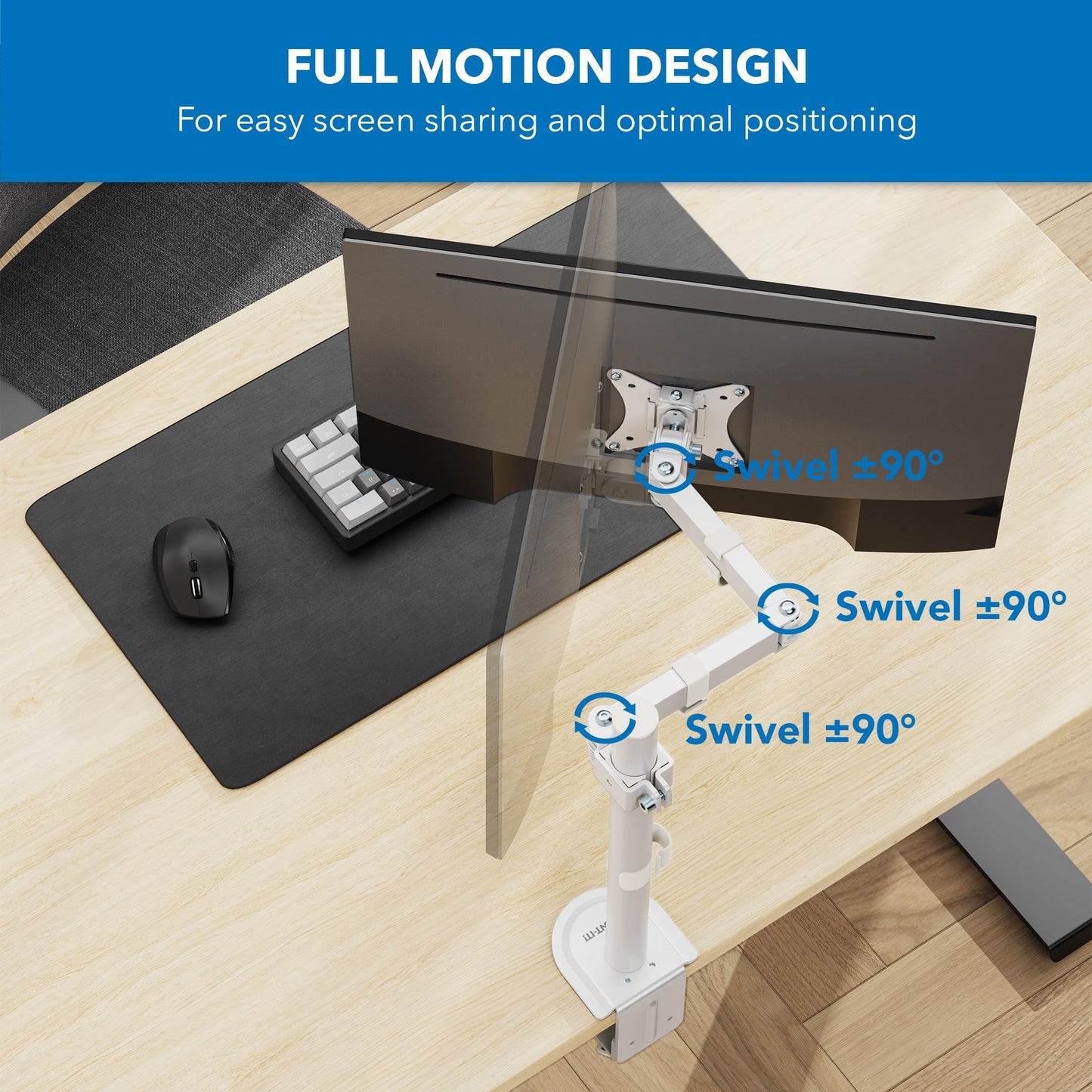 Mount-It! Single Monitor Arm 17" to 32", Full Motion Adjustment with Tilt, Rotation, Swivel, Height Adjustment Along Pole, Clamp or Grommet Mounting, Monitor Desk Mount VESA 75x75 and 100x100, White