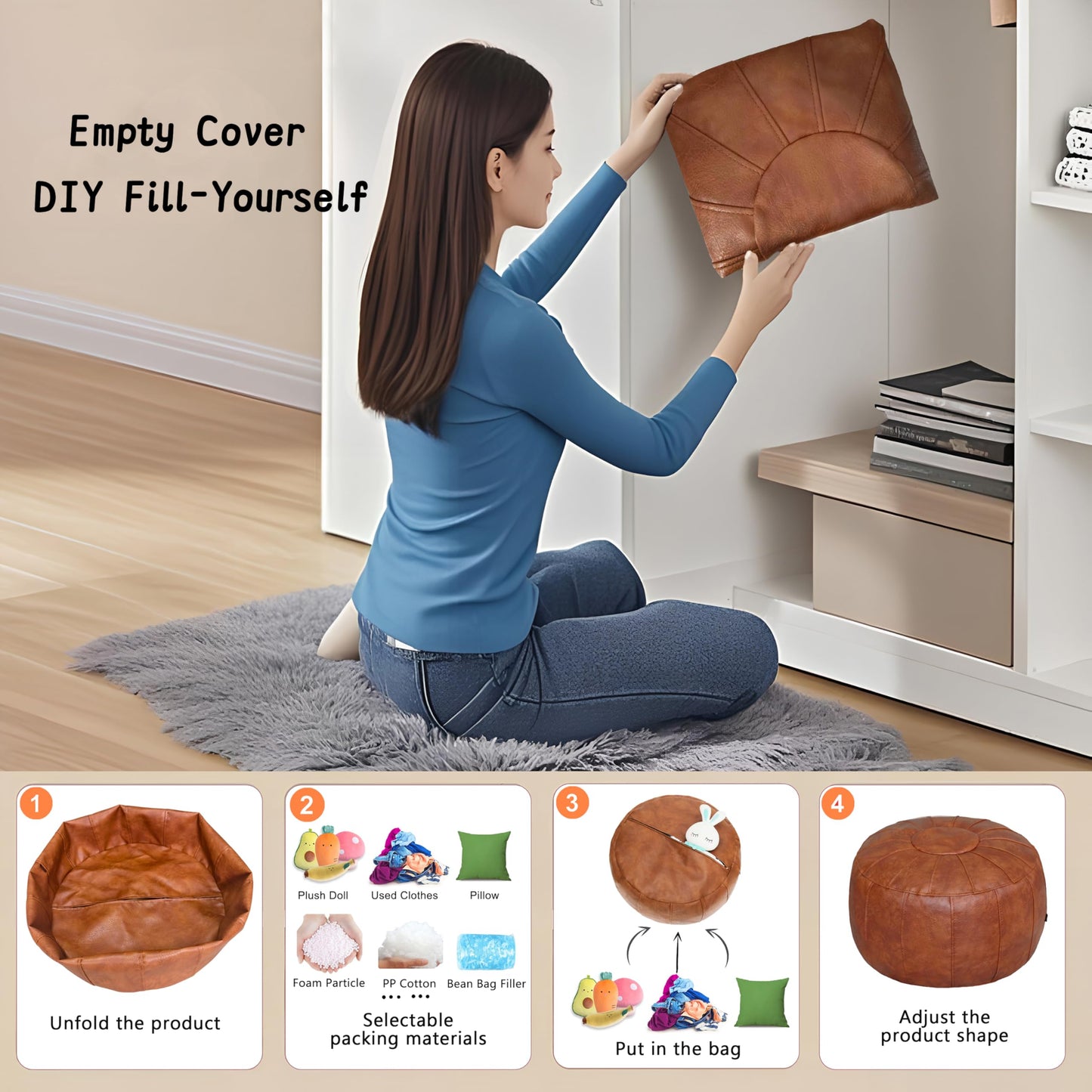 Thgonwid Unstuffed Moroccan Storage Pouf Foot Stool Ottoman Seat Handmade Faux Leather Bean Bag Floor Chair Foot Rest for Living Room, Bedroom or Balcony (Light Brown)
