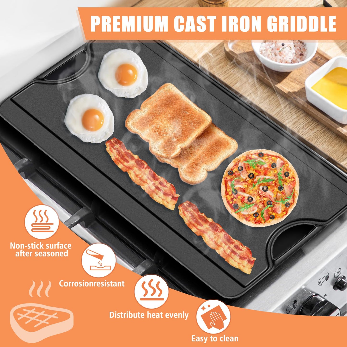 KEESHA Universal Reversible Griddle 17" x 10" Heavy Duty Cast Iron Double Burner Cooking Griddle Pan with Carrying Handles on Both Sides for Gas Stoves and Grills