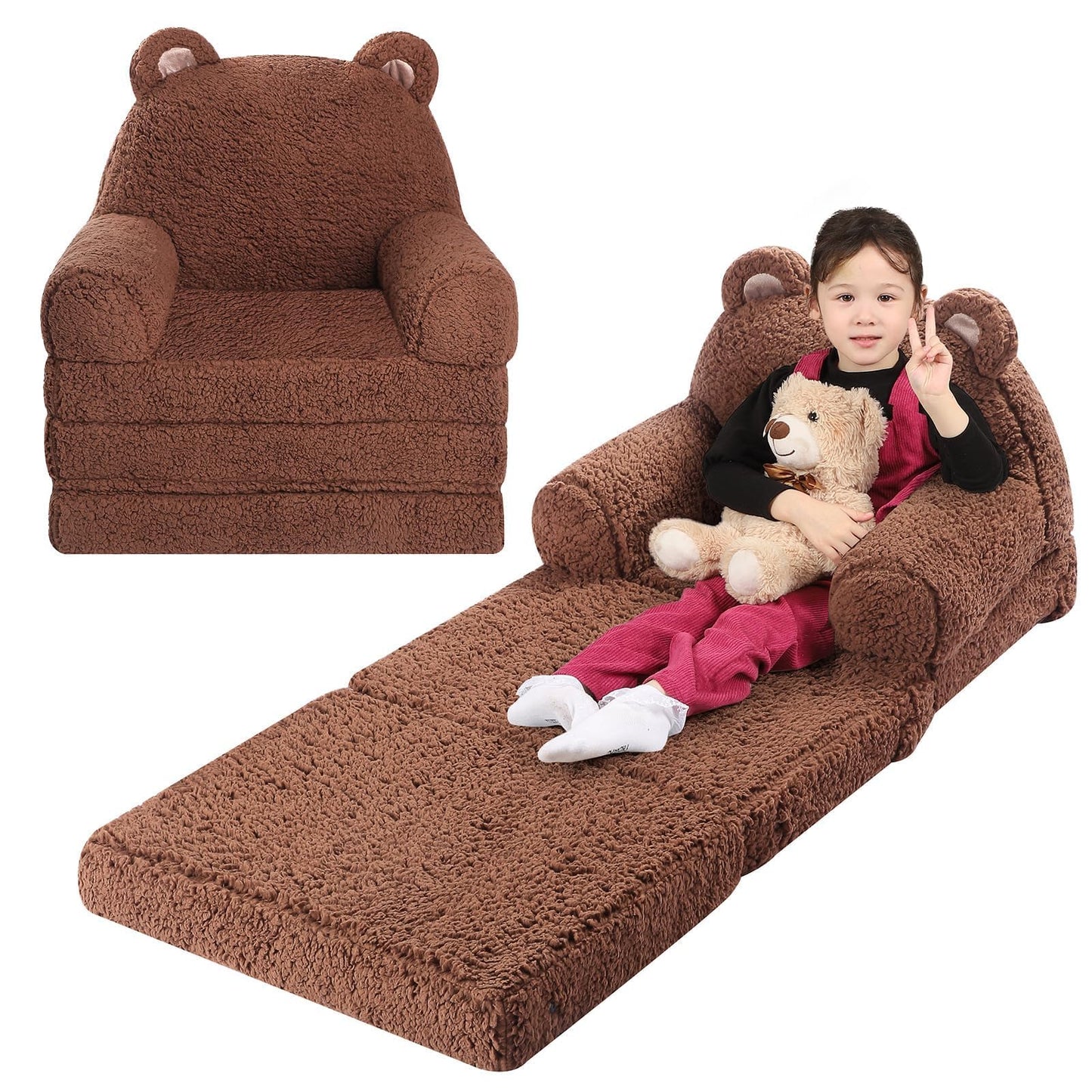 MOMCAYWEX Kids Sofa, Sherpa Couch with Tri-Layer Foam Cushions, Comfy Seating for Kids, Medium, Brown