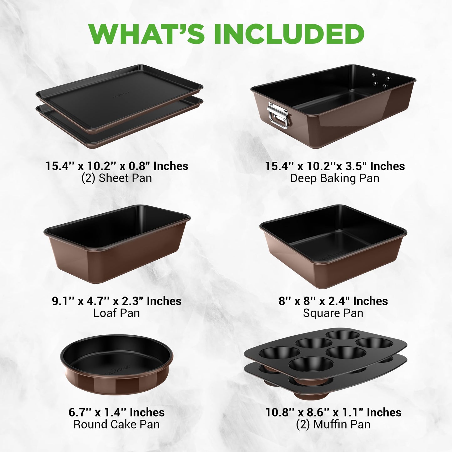 NutriChef 8-Piece Nonstick Bakeware Set – Stackable Baking Pans & Oven Trays, Durable Steel, Easy to Clean, Stylish Kitchen Baking Supplies for Cakes, Muffins & More (Brown)
