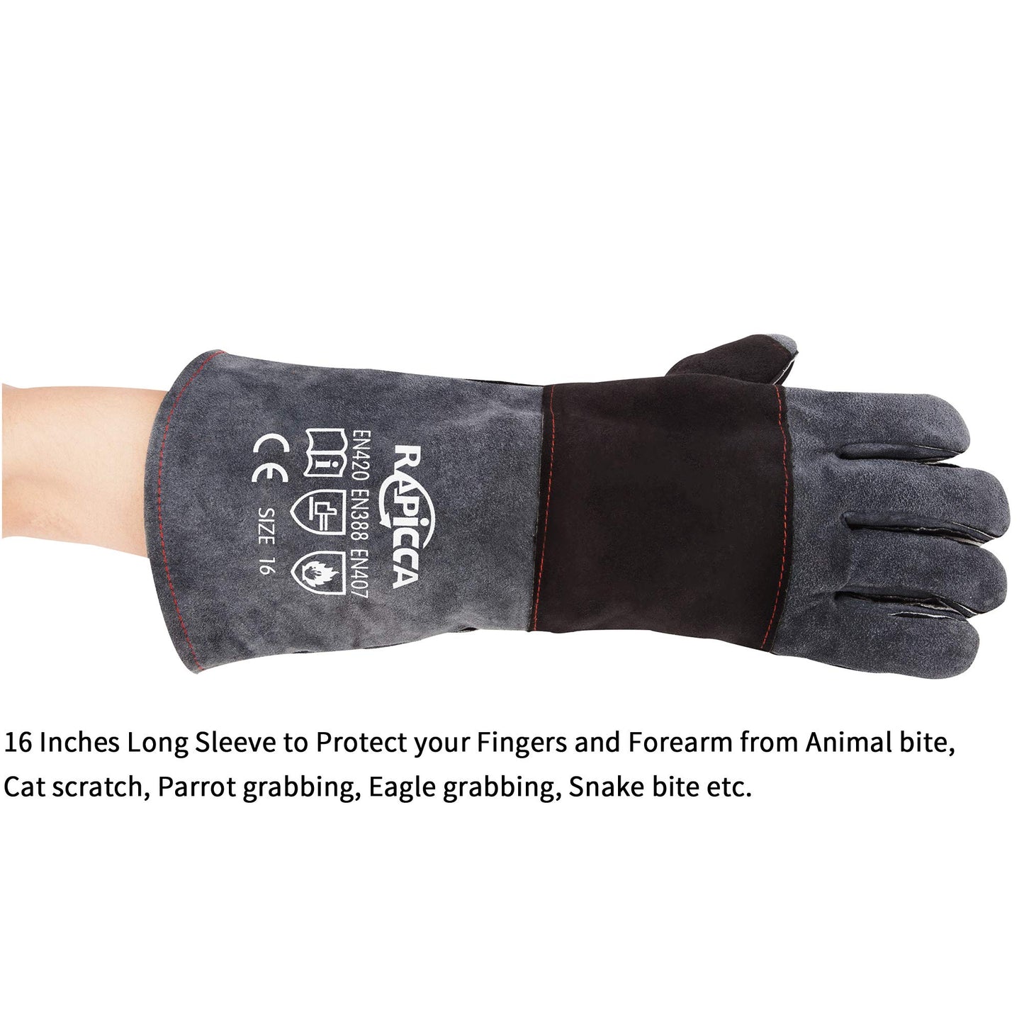 RAPICCA Animal Handling Gloves Bite Proof Reinforced Leather Padding Dog,Cat Scratch,Bird Handling Falcon Gloves Grabbing,Reptile Squirrel Snake Bite 16in Grey-Black