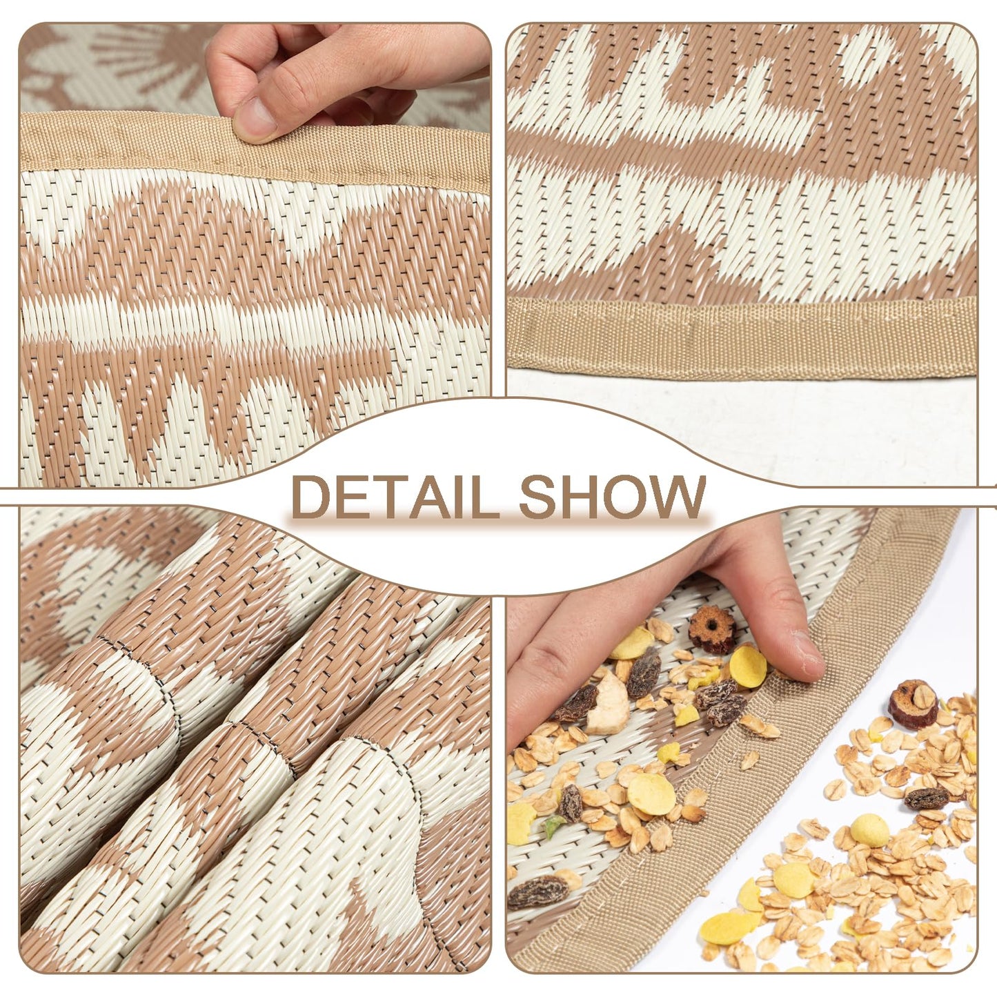 Capslpad 6'x6' Outdoor Rug for Patio Clearance Reversible Mats Round Portable Plastic Straw Carpet Waterproof Boho Indoor Outside Area Rugs for RV Camping Picnic Pool Tent Balcony Beach, Brown&Beige
