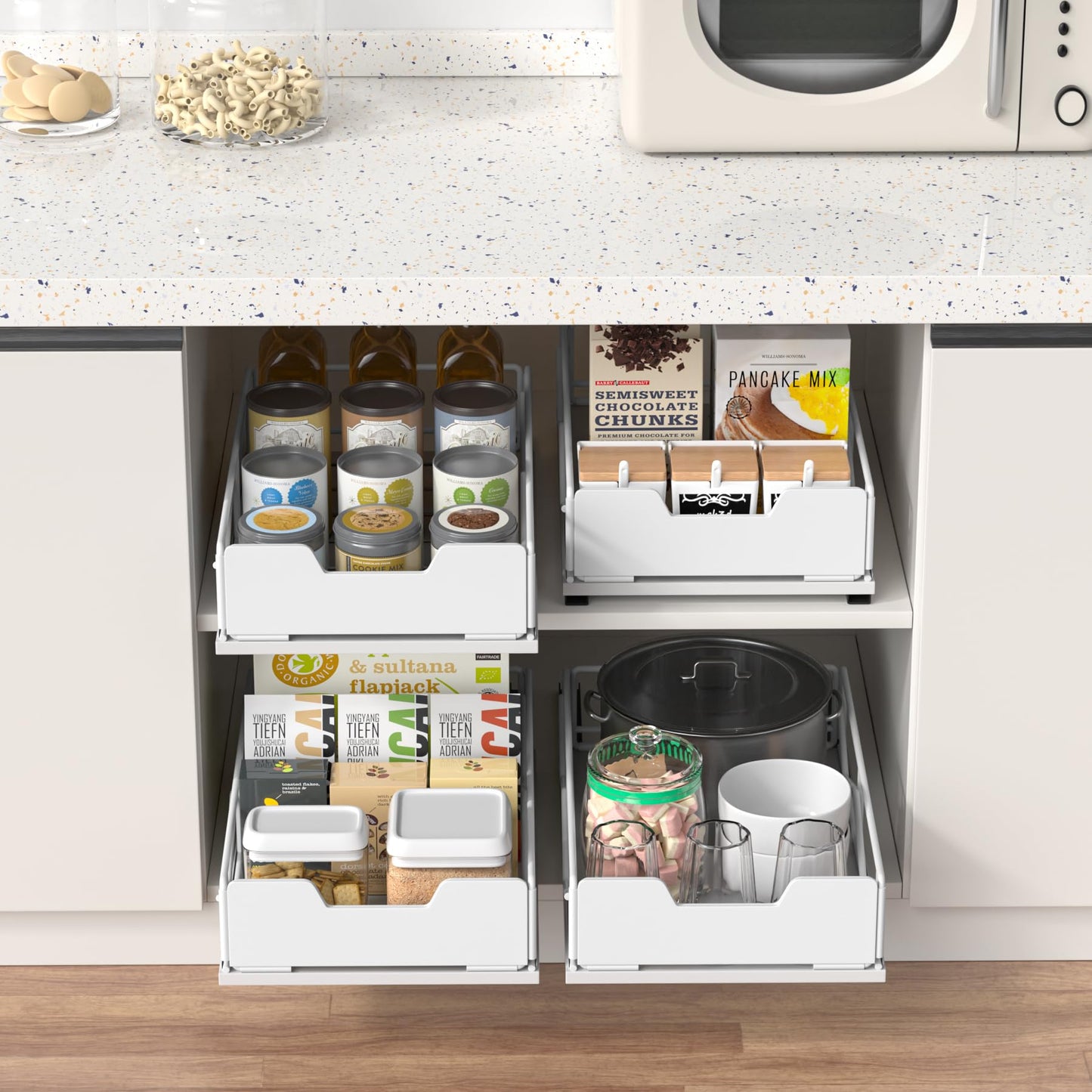 Pull Out Cabinet Organizer, Pantry Slide Out Drawer Organizer with Adhesive Strips, Heavy Duty Under Sink Organizer, Storage and Organization for Kitchen, Bathroom, 15.7" D x 9.8" W x 4" H