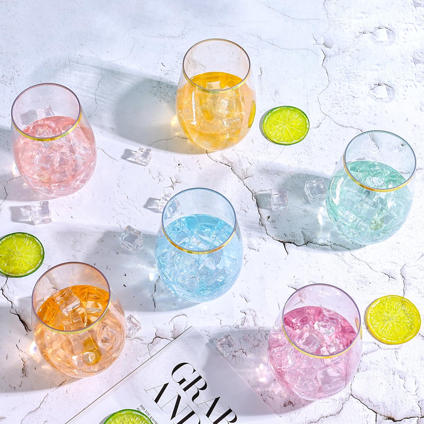 20 Pack Plastic Stemless Wine Glasses, 16 OZ Plastic Wine Glasses Disposable Unbreakable Plastic Wine Cups Reusable Clear Acrylic Drinking Party Glass Bulk Shatterproof for Champagne Wedding(Gold Rim)