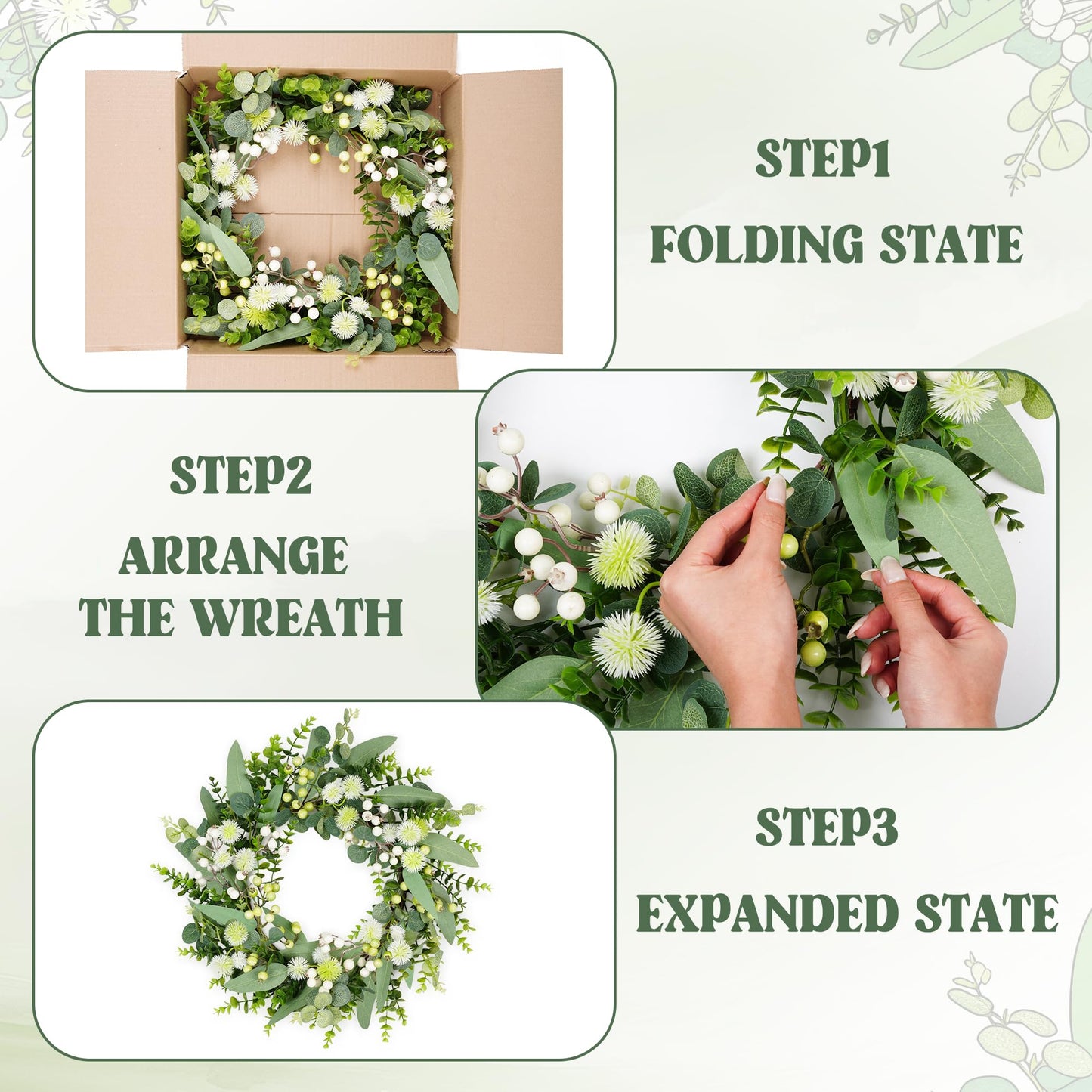 Petalyn Eucalyptus Wreaths for Front Door, 20 Inch Green Wreath with Faux Dandelion, Boxwood, Berries, Spring Summer All Season Artificial Wreath Decoration for Farmhouse Wall Indoor Outdoor Hanging