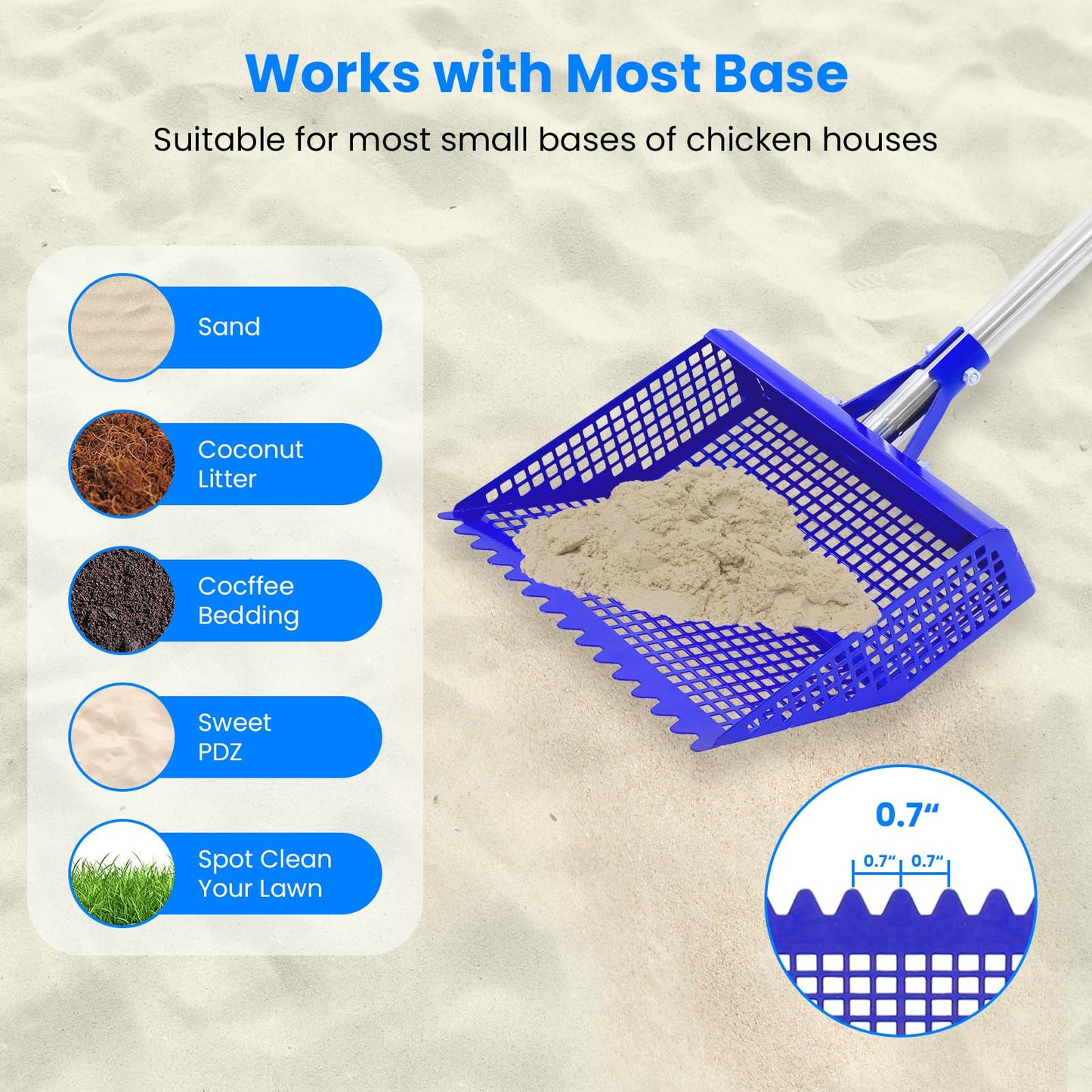 Chicken Poop Scooper Rake 2-in-1, Metal Shovel Head Chicken Coop Accessories, Adjustable 304 Stainless Steel Handle, Litter Scooper Sand Sifting for Chicken Coops Small Farm Animals(36" to 62")