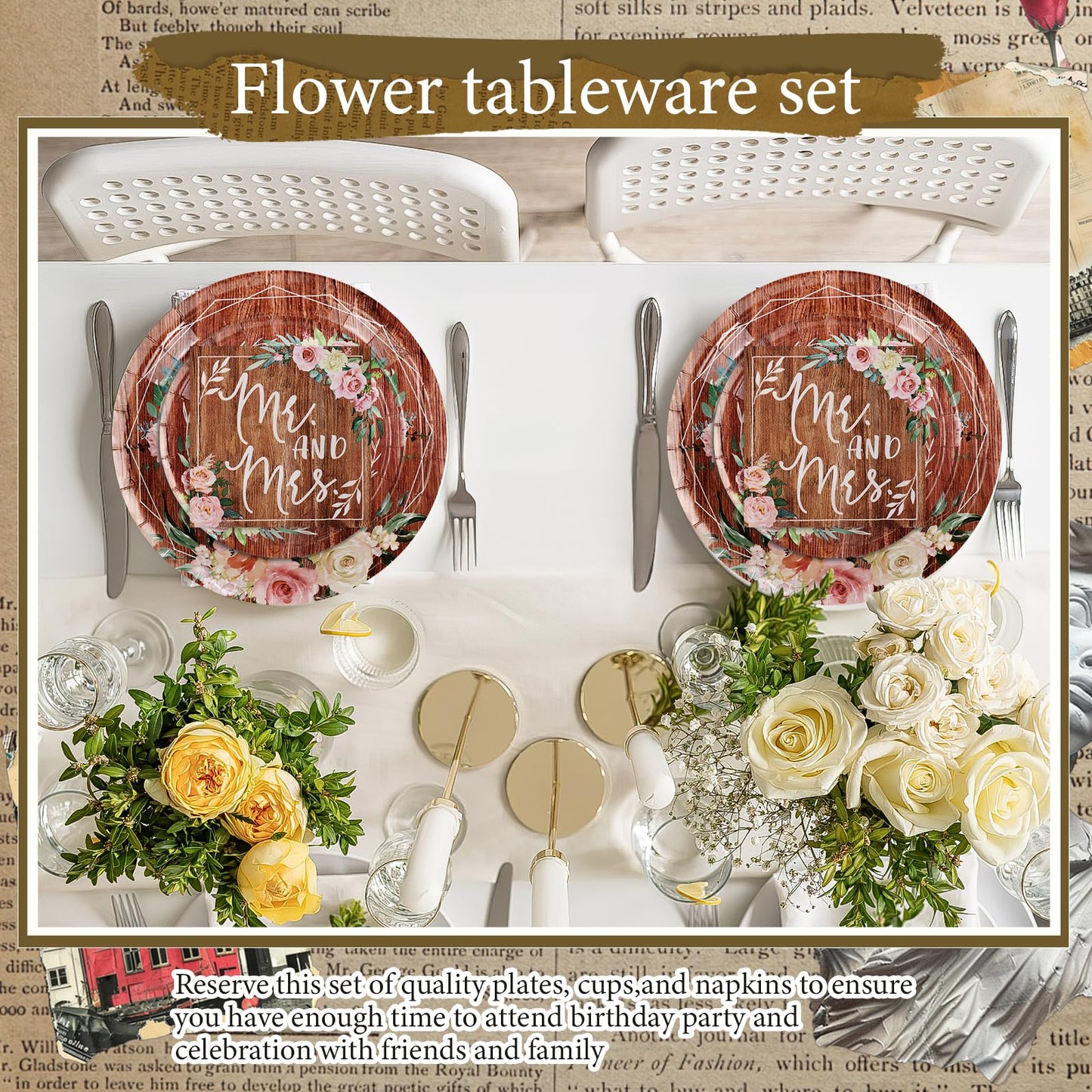 250 Pcs Bridal Shower Plates and Napkins Sets, 9'' Dinner Plate, 7'' Dessert Plate, 9 Oz Cup, Wedding Paper Plates for 50 Guests, Wedding Supplies Engagement Party Decorations - Retro Wood Grain