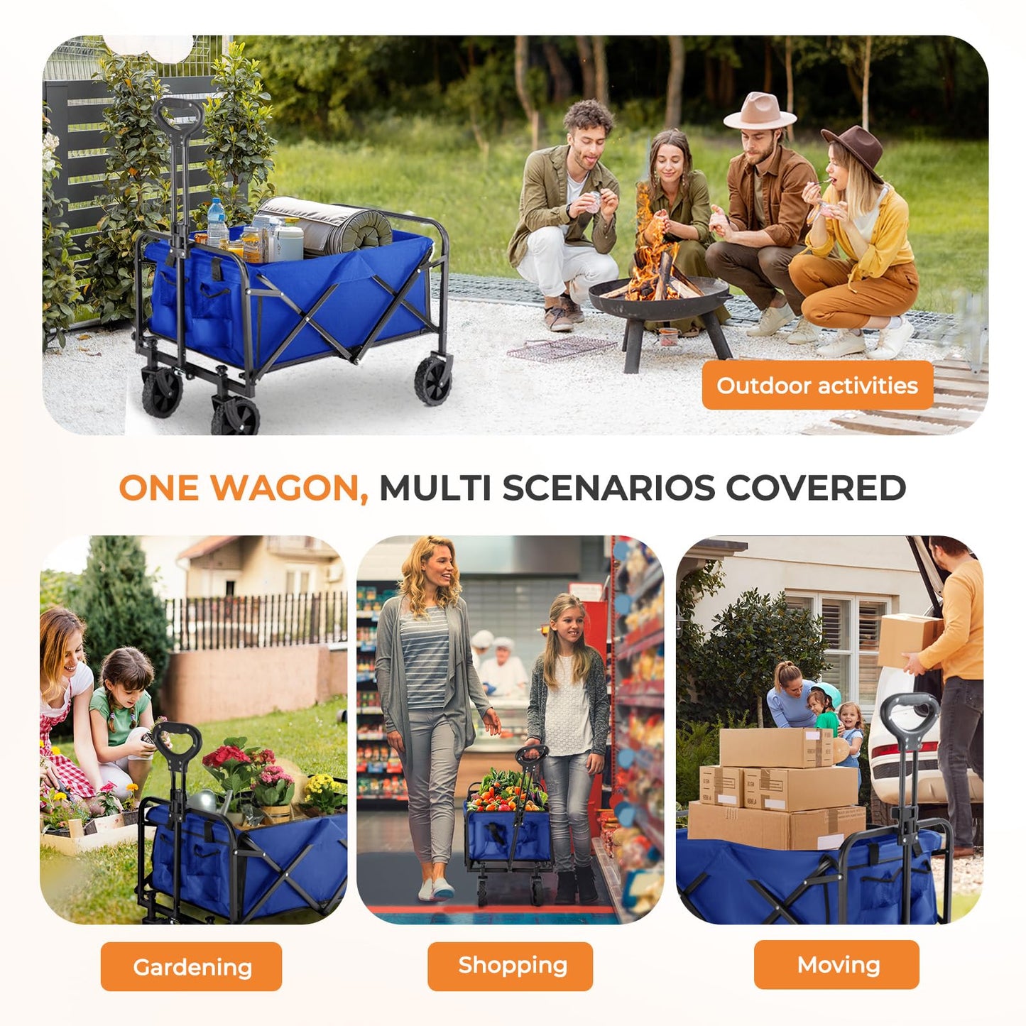 Pasamic Collapsible Wagon 380 lbs, Heavy Duty Wagon Carts Foldable, Portable Wagons for Groceries, Beach Cart with All-Terrain Wheels & Drink Holders, Utility Wagon for Shopping, Camping, Blue
