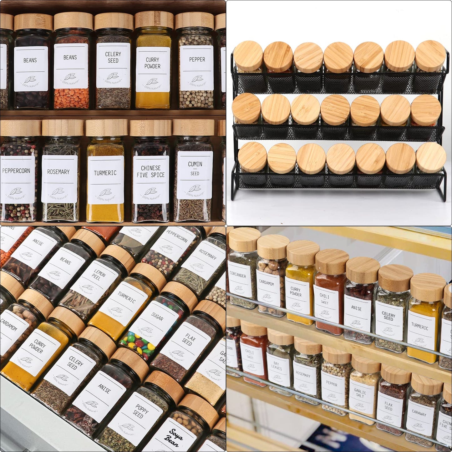 16 Pack 4 oz Small Square Glass Spice Jars with Bamboo Lids, 120 ml Empty Spice Containers with Shaker Lids & Blank/Printed Labels for Kitchen Cabinet Organization