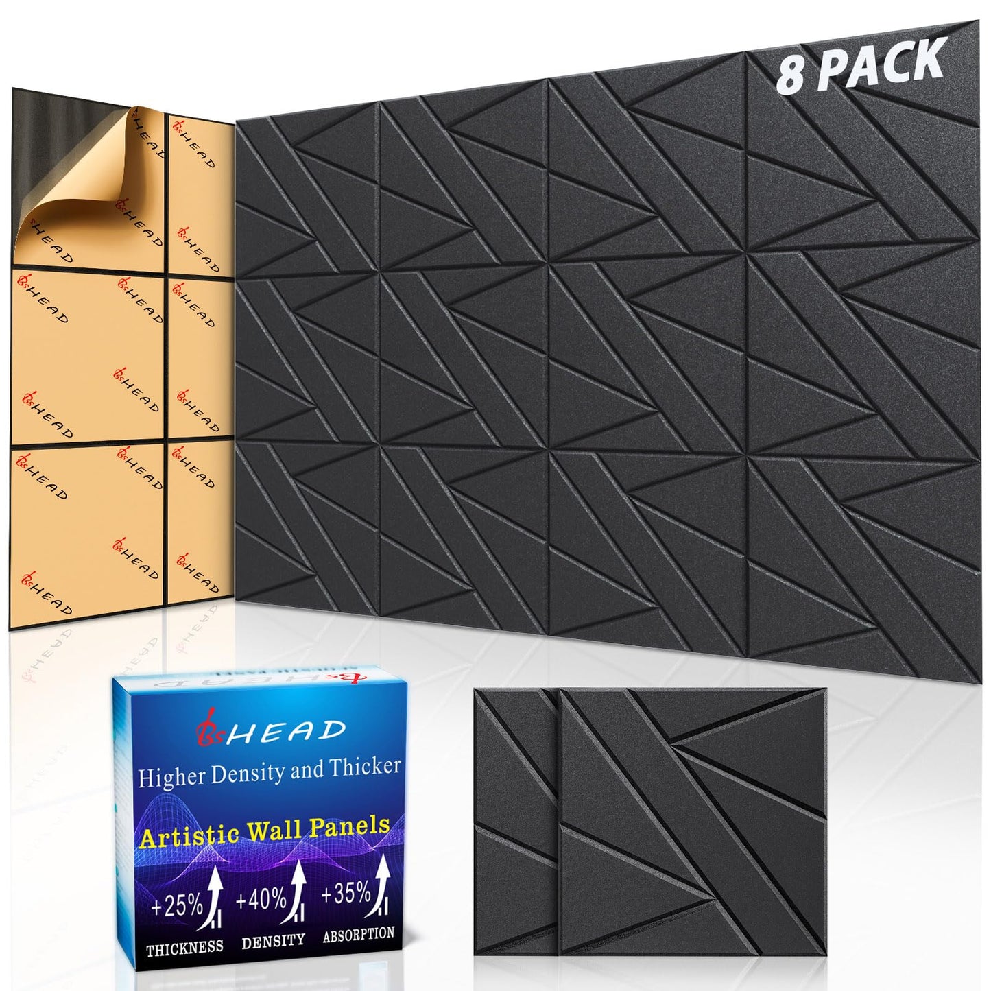 8 Pack Self-Adhesive Soundproof Wall Panels, 12 x 12 x 0.47 In Sound Proof Foam Panels for Walls, 1.2lb/ft³ High Density, Thicker 0.47in, Acoustic Panels, Noise Dampening Panels Studio Black