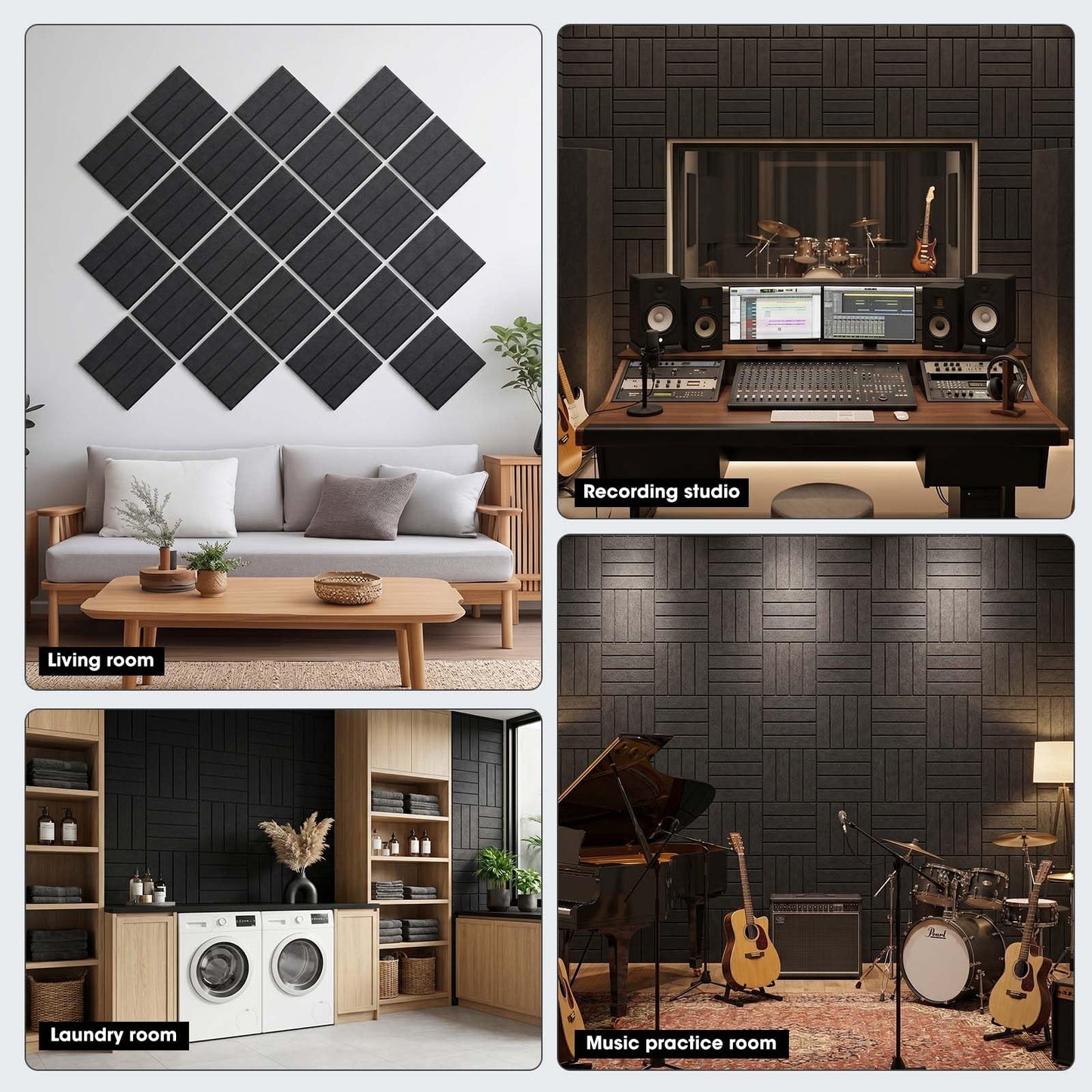 MQAAUP 9mm Thick Acoustic Foam Panels, 12 Pack Cork Board for Wall, 60" x 36" Door Soundproofing, with 60 PCS Safe Removable Adhesive Tabs, for Walls for Home Office Classroom (12, Black)
