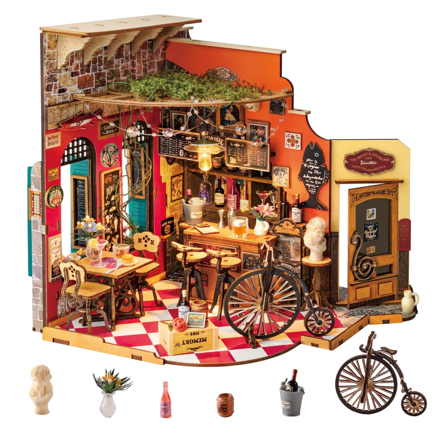 Rolife DIY Miniature House Kit for Adults, Mini Wooden Dollhouse Kit, Tiny House Diorama Building Kits-Birthday Christmas Craft Hobbies Gift for Teens Kids (Cheers Bar & Dining)
