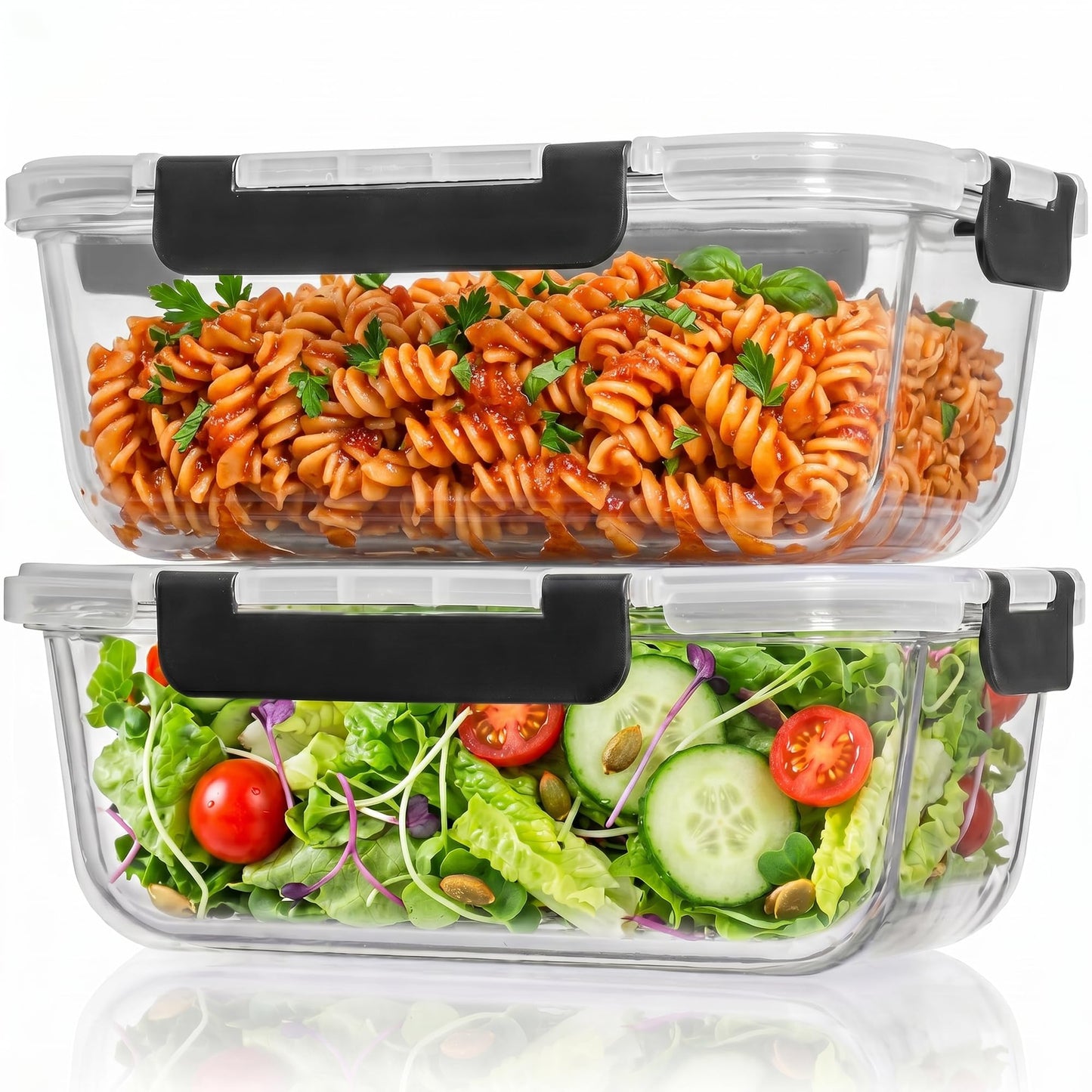 8 Cups/ 63 Oz 4 Piece (2 containers + 2 Lids) Large Glass Food Storage/Baking Containers w/Locking Lids Ideal for Storing food, vegetables/fruits BPA Free & Leak Proof Microwave, Oven Safe - Black
