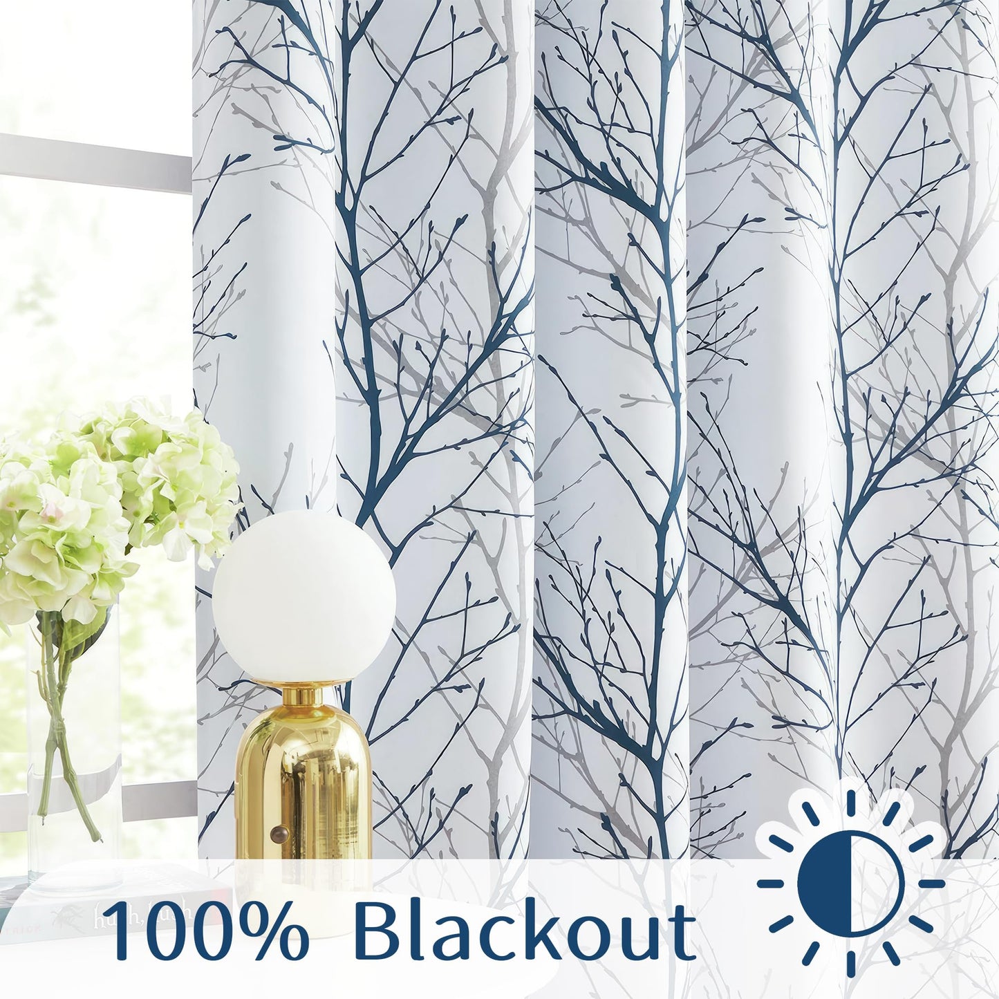 FMFUNCTEX 100% Blackout Curtains for Bedroom, Blue on White Curtains 84 Inches Long for Living Room, Tree Branch Pattern Print Curtain Panels, Thermal Insulated Drapes Grommet Window Curtains 2 Panels