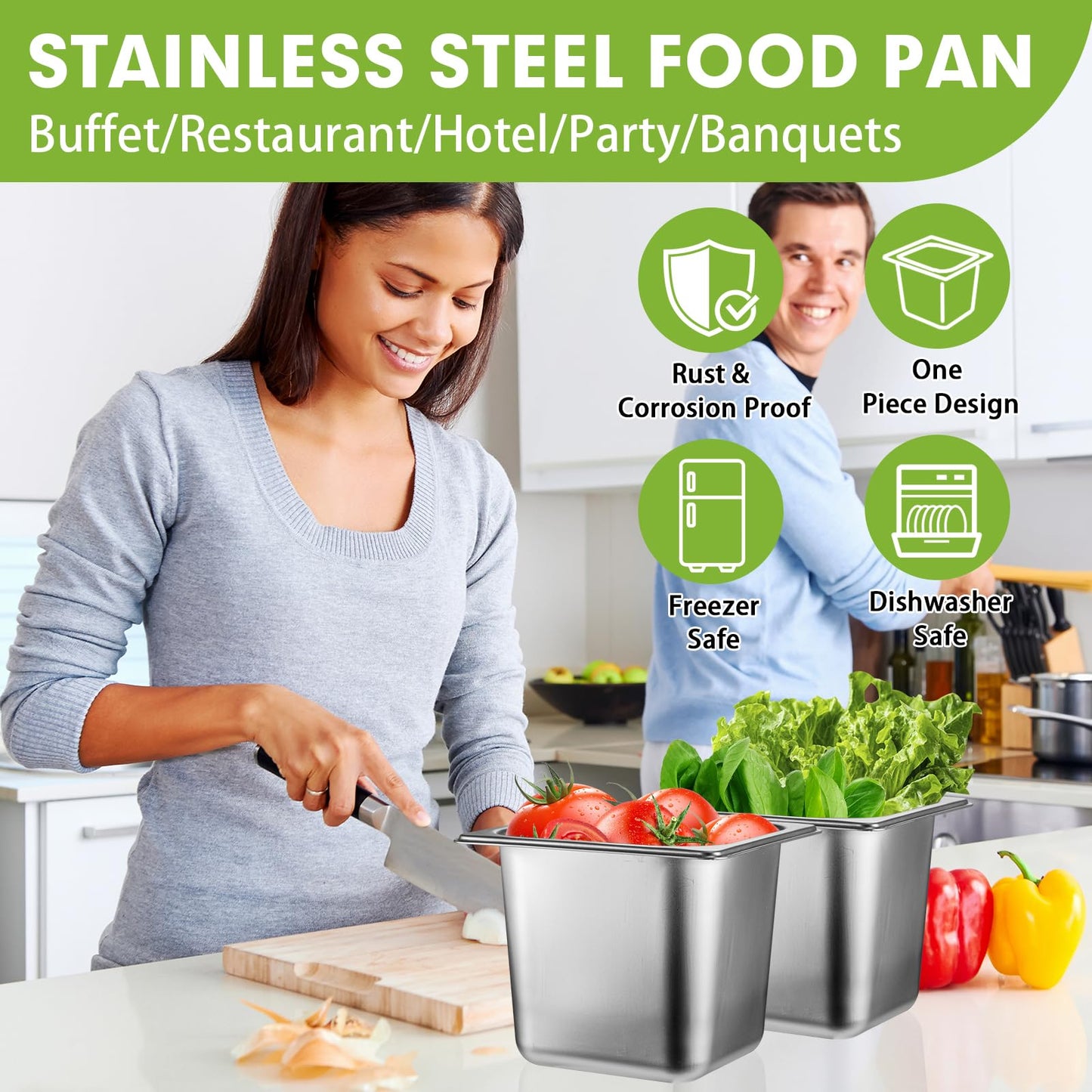 6 Pack Stainless Steel Hotel Pans with Lid 1/6 Size x 6" Deep Steam Table Pan 0.8 mm Thick Commercial Food Storage Containers Anti Jam Pan Stainless Steel Steamer Pan for Hotel Restaurant Buffet