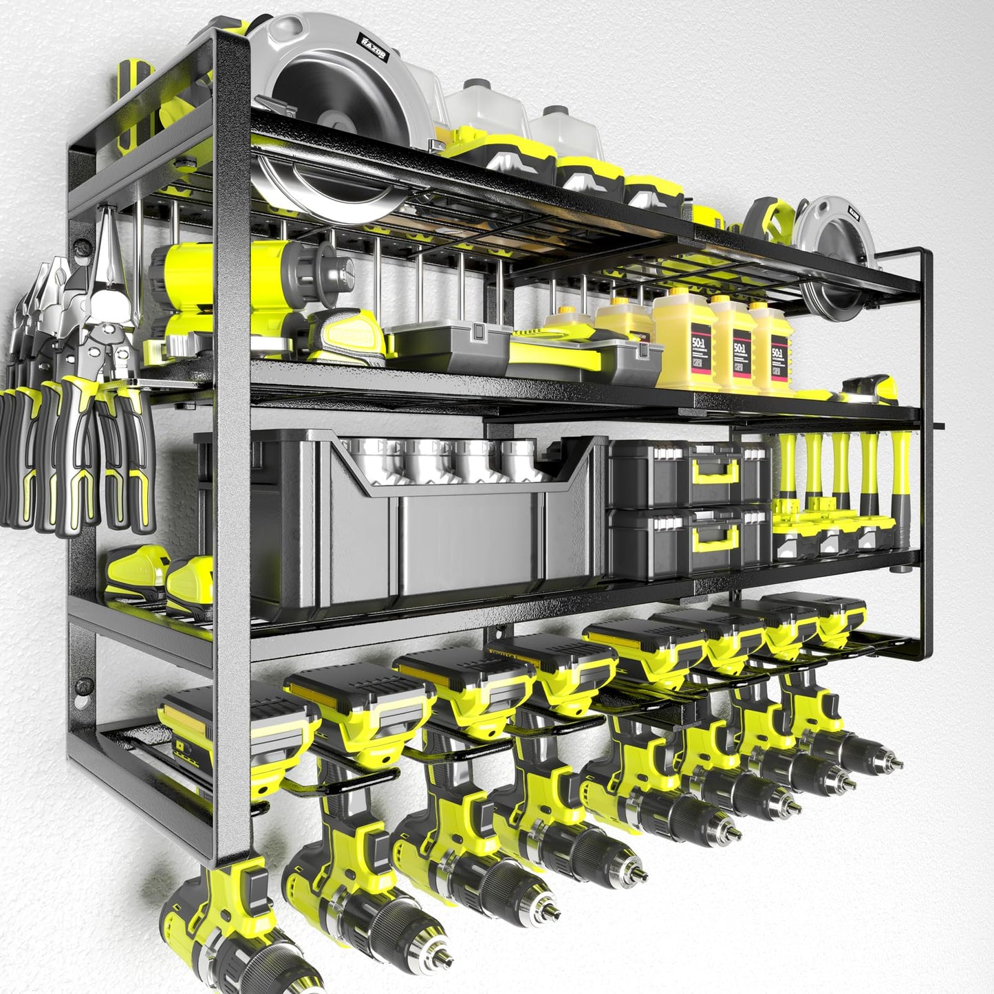 KAFAHOM Power Tool Organizer-8 Drill Holder Wall Mount,4 Layer Heavy Duty Metal Power Tool Storage Rack,Garage Tool Organizer and Storage with Screwdriver/Plier/Hammer Holder