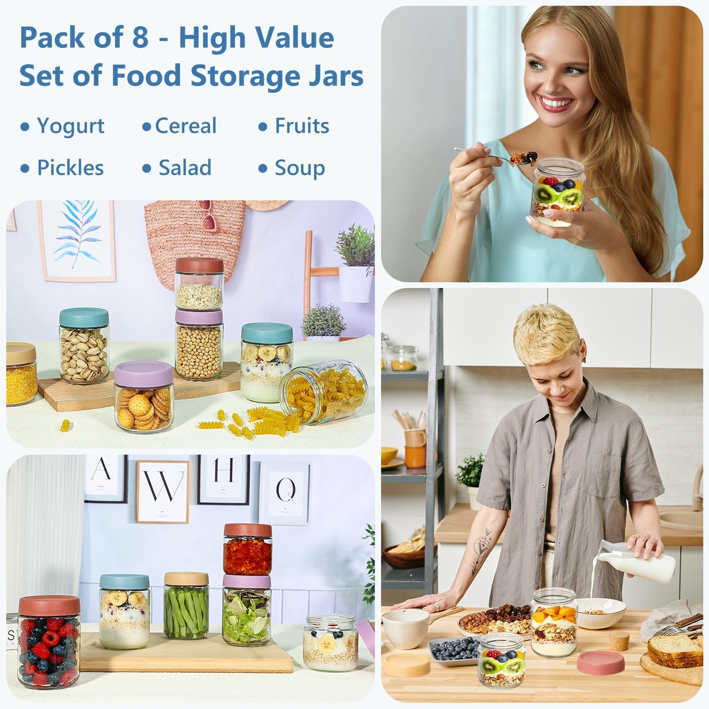 KEYWING 8 Pack Overnight Oats Containers With Lids, 16oz +10oz Wide Mouth Mason Jars with Airtight Lids, Meal Prep Containers Food Storage Glass Jars in Bulk for Snack Yogurt Parfait Spice Sugar
