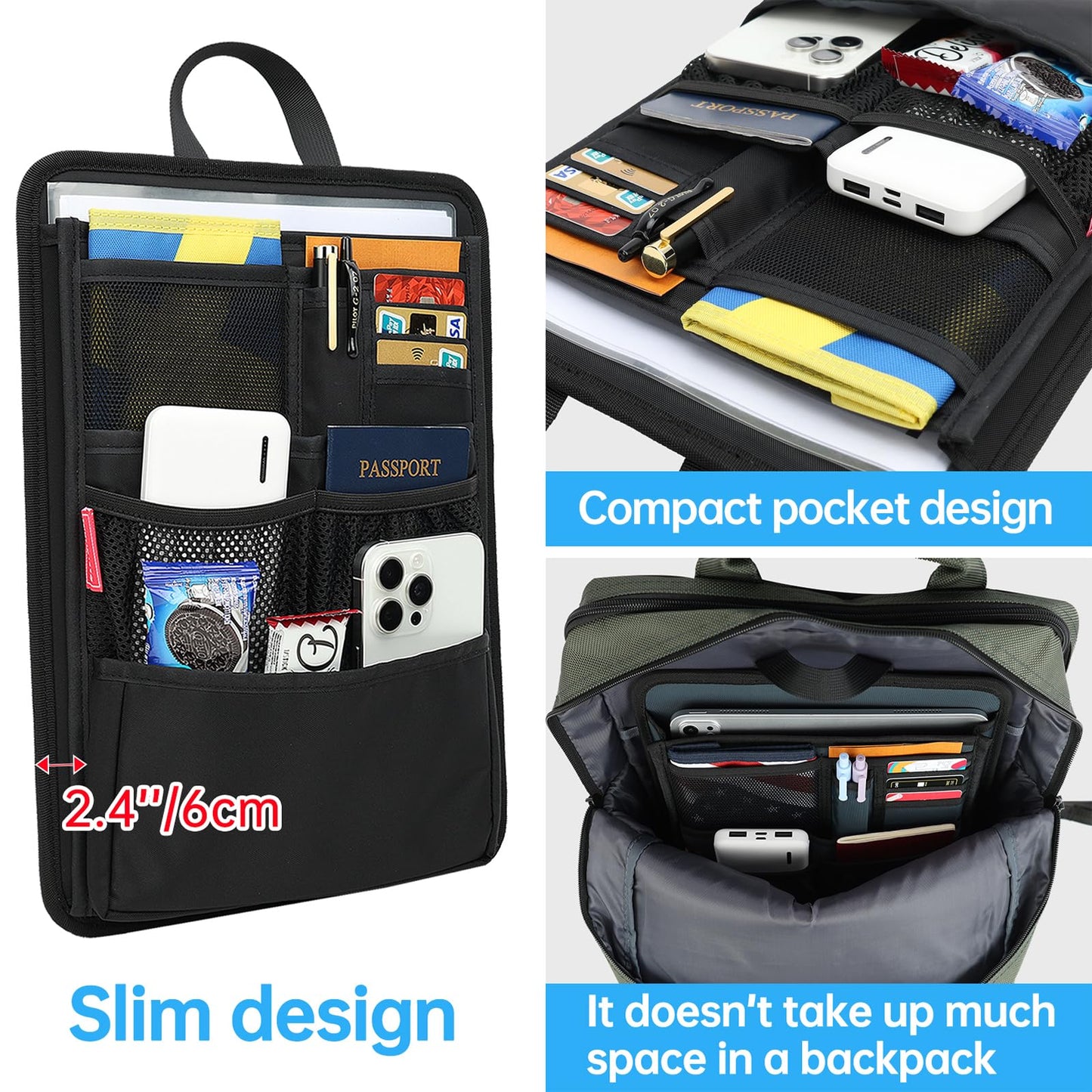 Slim Rugged Backpack Organizer Insert for Business Casual Men Women -13 Pockets,Padded Nylon,Max 14'' laptop-Black