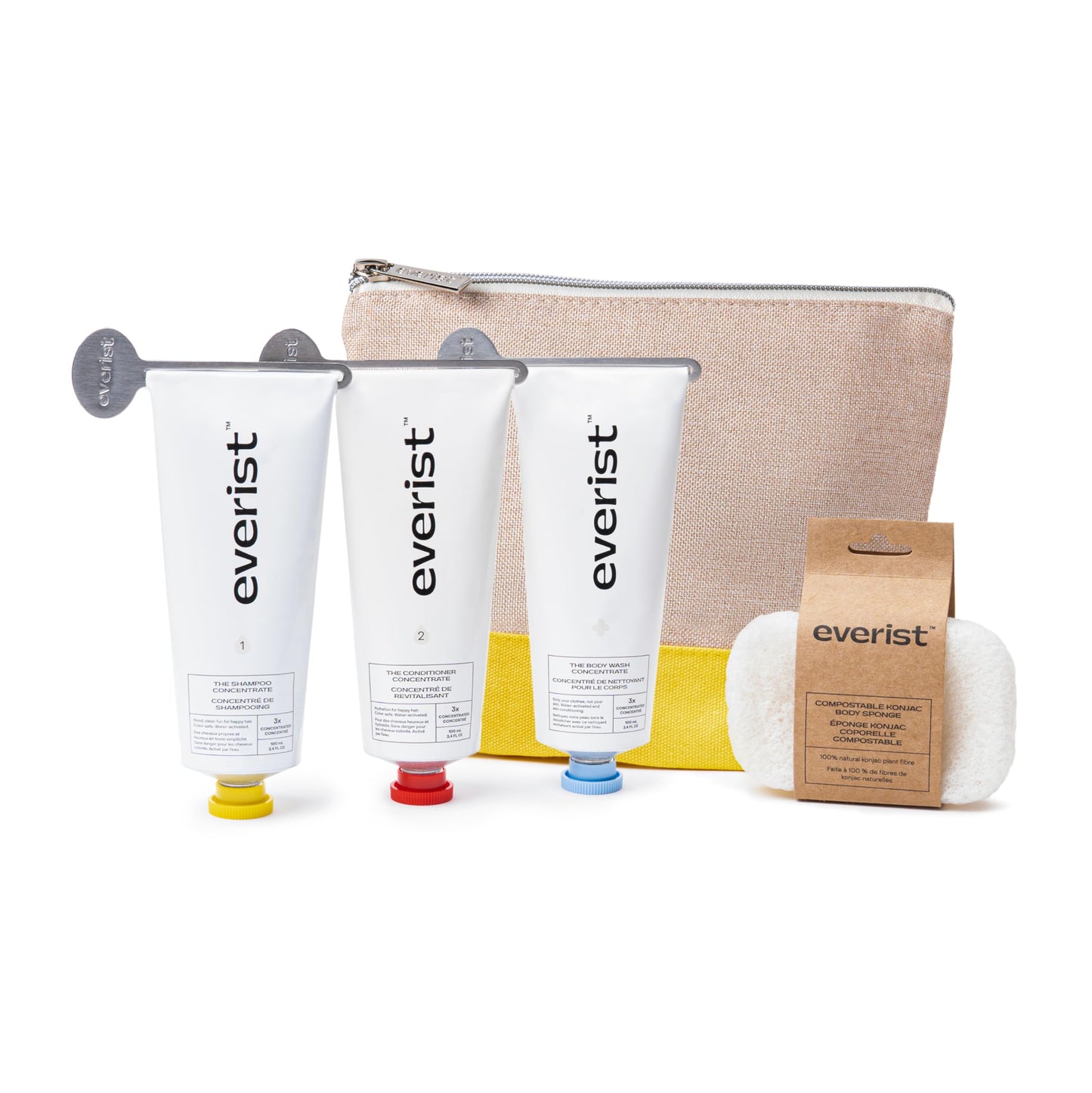 Everist The Complete Shower Kit, Strengthens & Repairs Hair, Deep Hydration & Smoothing, Shampoo, Deep Conditioner & Body Wash Concentrates, Compostable Konjac Sponge & Jute Travel Bag,100ml