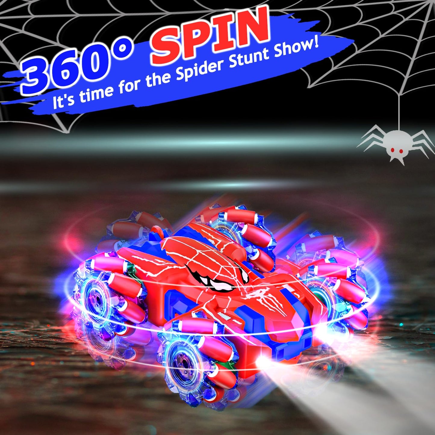 Spider Remote Control Cars for Kids, BoysToys RC Stunt Cars 360°Rotating 4WD Double Sided 2.4Ghz Remote Car with Cool Lights Rechargeable Gifts for Boy Age 3 4 5 6 7 8 9
