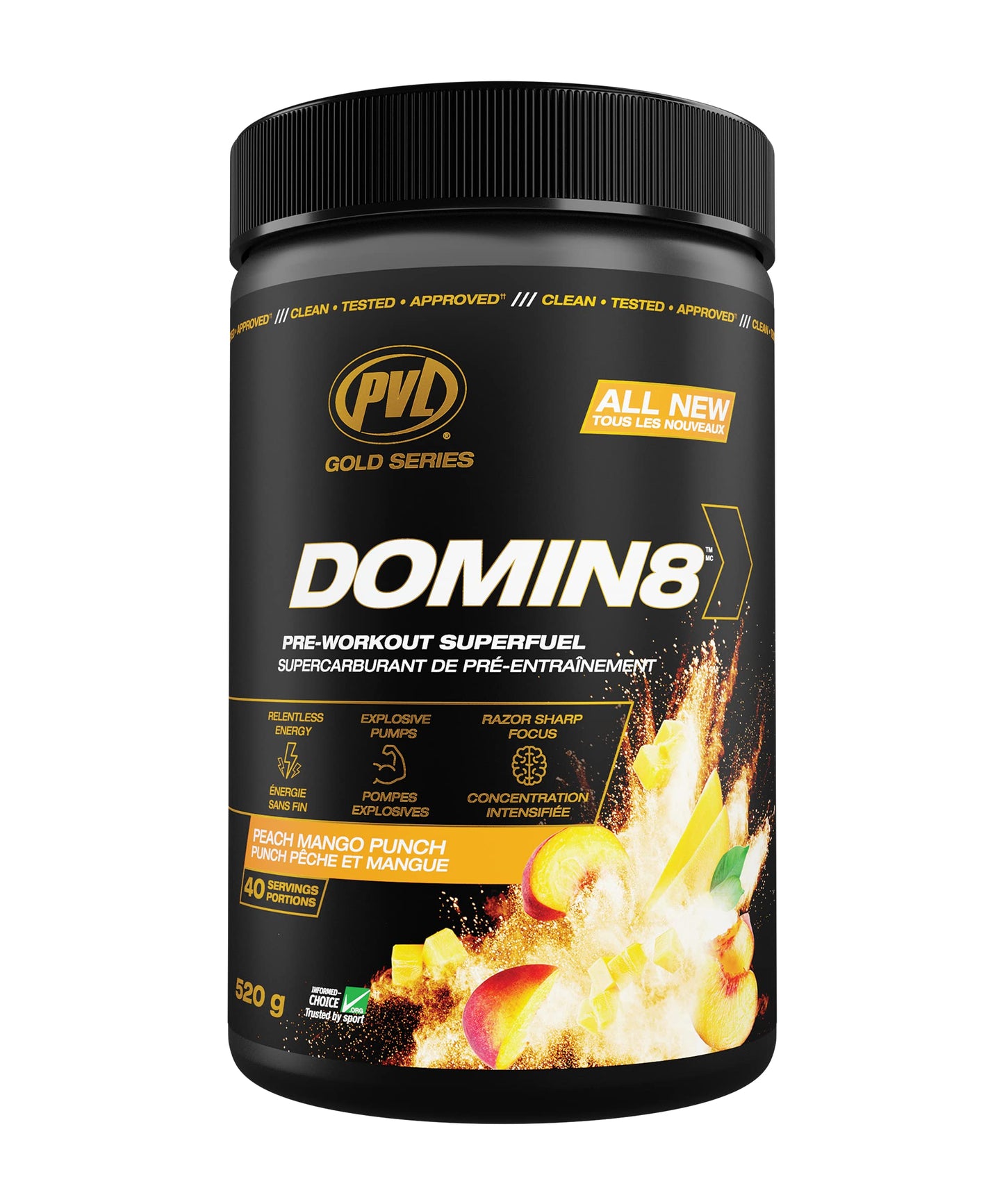 PVL Gold Series Domin8 | Pre-workout Superfuel - full dose Preworkout - 520 g - Peach Mango Punch