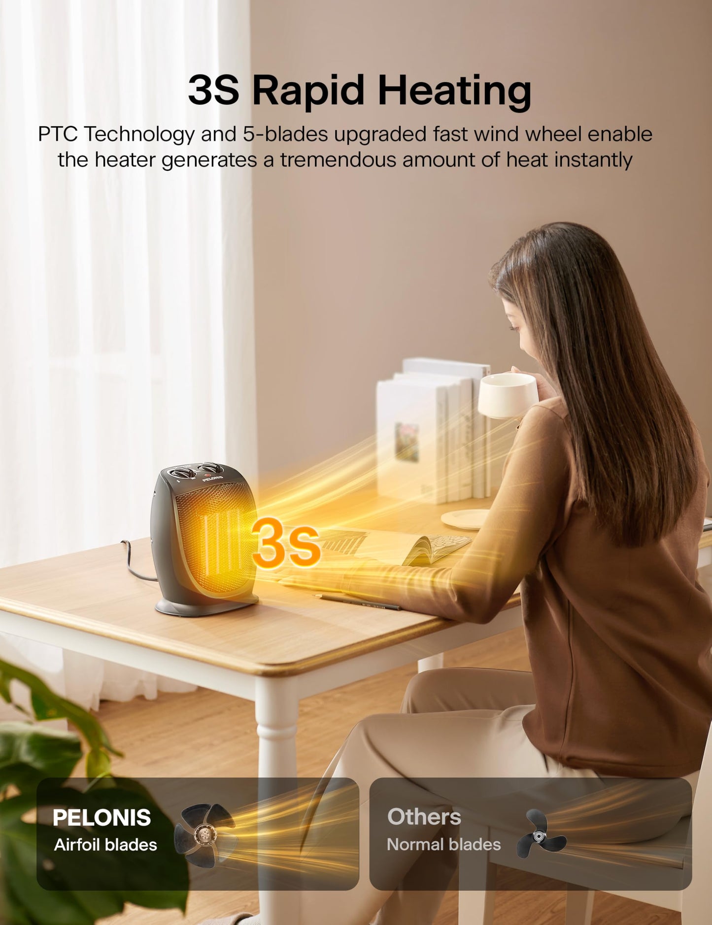 PELONIS Portable Electric Space Heater, 1500W Ceramic Heaters for Home, Office, Personal Use, Quiet Cooling & Heating Mode Room Heater for All Season, Tip Over & Overheat Protection, Black, 9inch