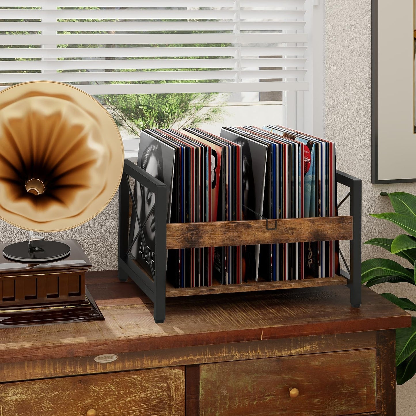 ELITEROO Vinyl Record Holder, Wooden Record Crate Fits 7” -12” Records, Vinyl Shelf Holds up to 50-100 Albums, DVDs, CDs or Files Wood Book Storage Stand Desktop Organizer Box, Rustic Brown