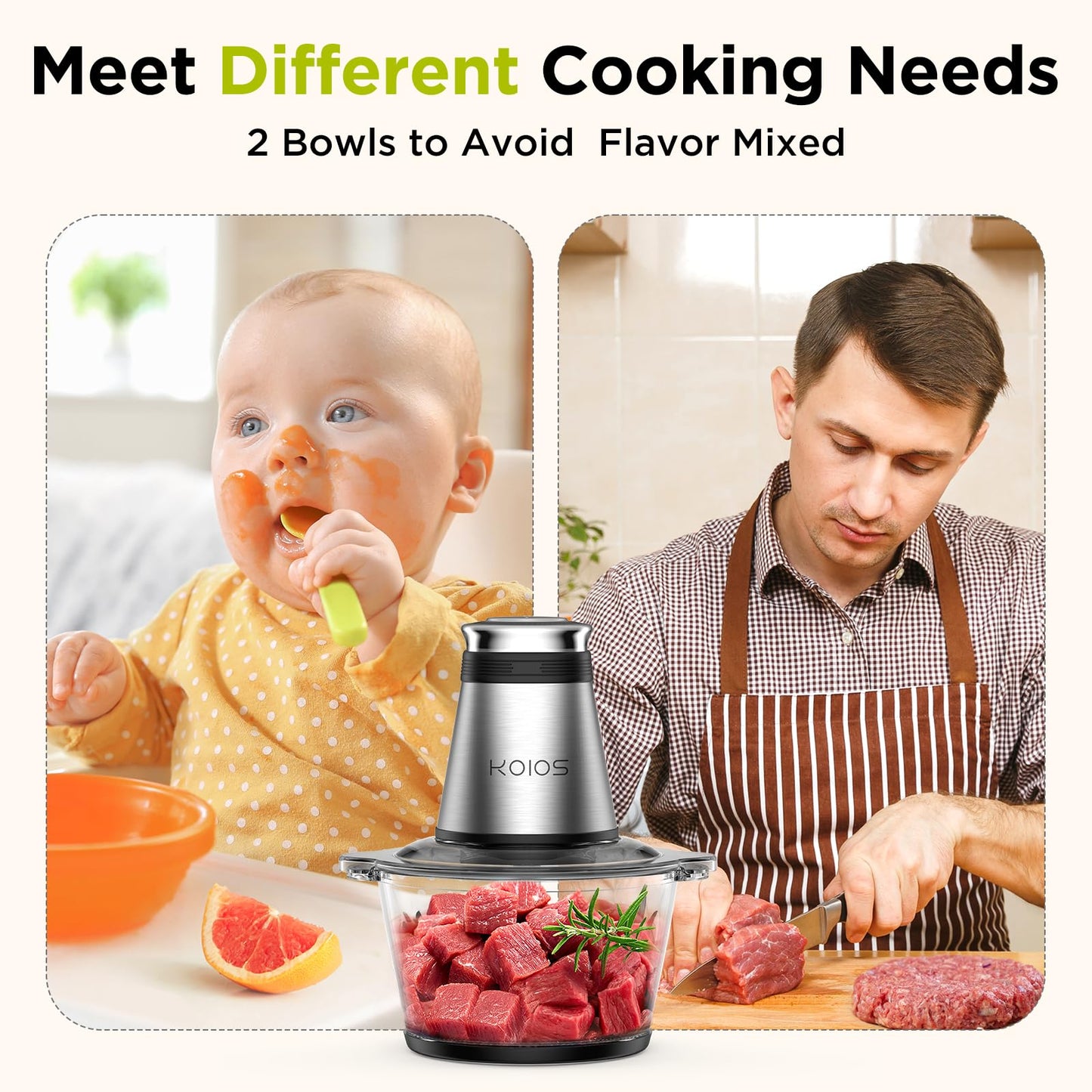 Koios Food Processor Electric Chopper 500W with 2 Bowls (8 Cups + 8 Cups) and 2 Double-Tier Knives, Small Electric Chopper for Nuts, Meat, Onions, Garlic, Food