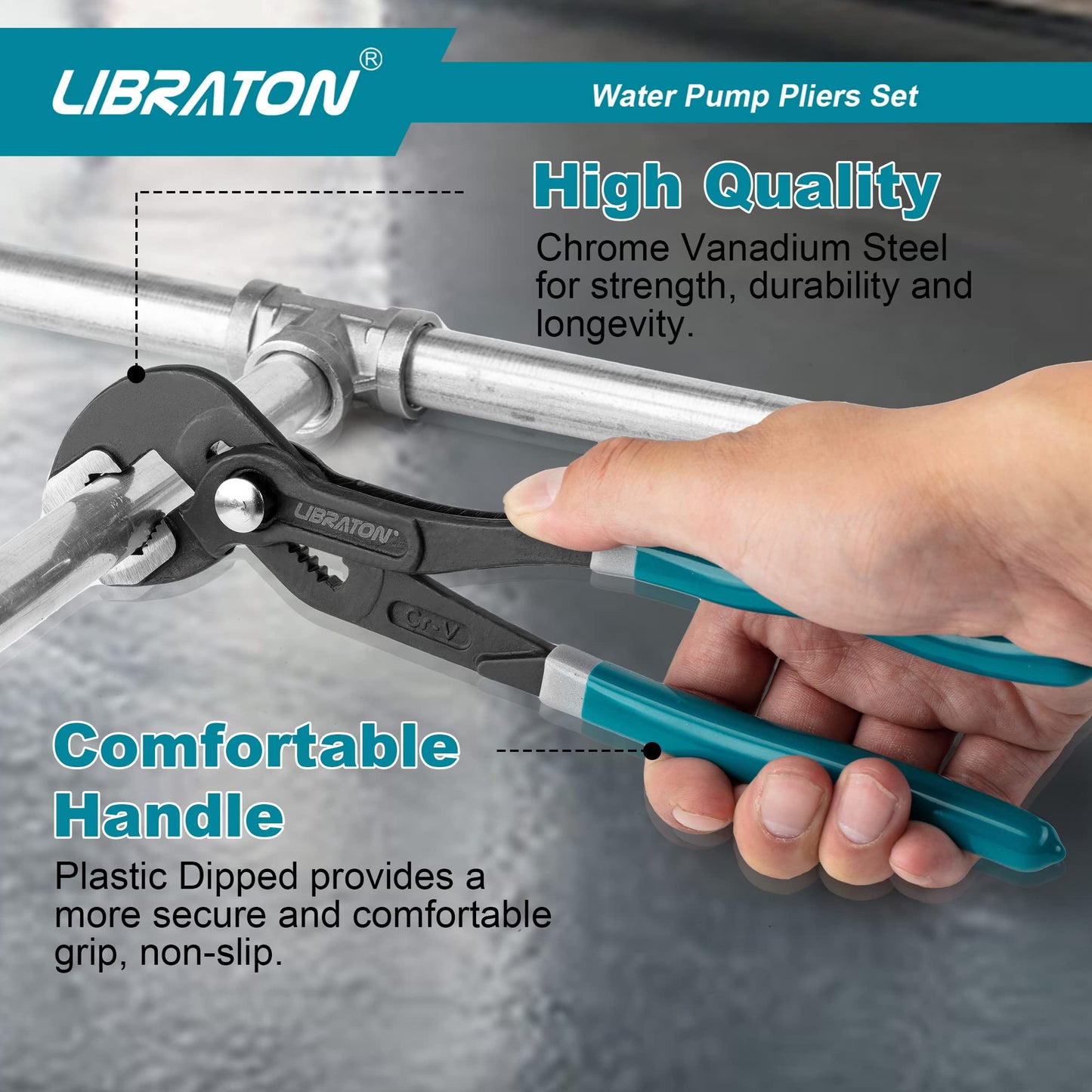 Libraton Water Pump Pliers, Groove Joint Pliers Set, V-Jaw Tongue and Groove Pliers in CR-V Steel, 3PCS Plumbing Pliers, Ratcheting Push Button Adjustment Mechanism