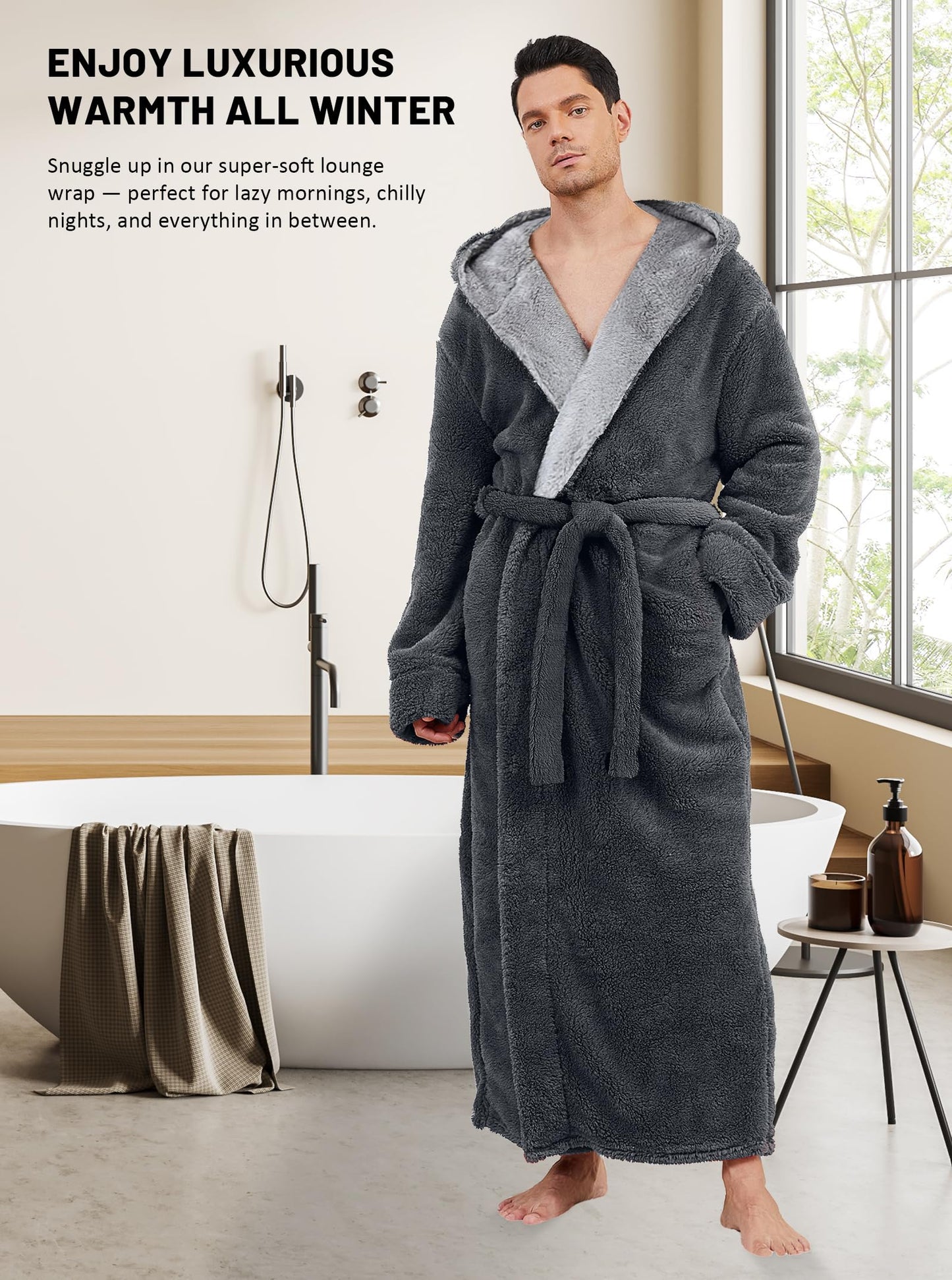 Hellomamma Mens Long Robes with Hood Full Length Hooded Bathrobe Fleece Plush Fluffy Housecoat Nightgown Grey X-Large