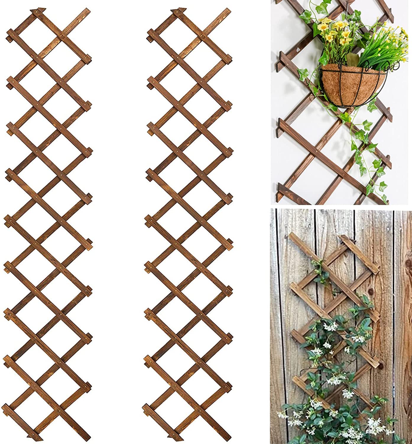 Extensible Natural Garden Wooden Fence Lattice Frame Plant Support for Cucumber Climbing Vines Ivy Rose 75"x11.8" (2 Pack)