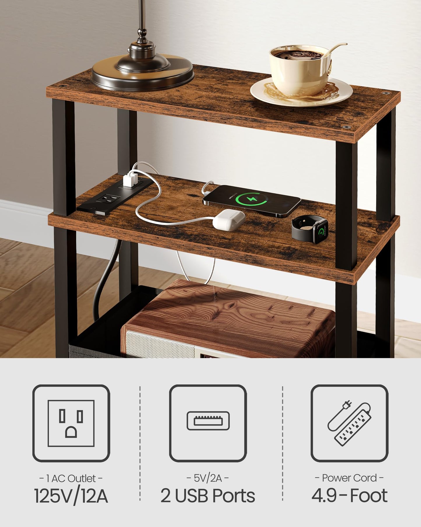 CHOEZON Narrow Side Table with Charging Station, Small End Table with Fabric Basket, Slim Nightstand for Small Spaces, Skinny Side Table, for Living Room, Bedroom, Rustic Brown and Black TBZ07UBF
