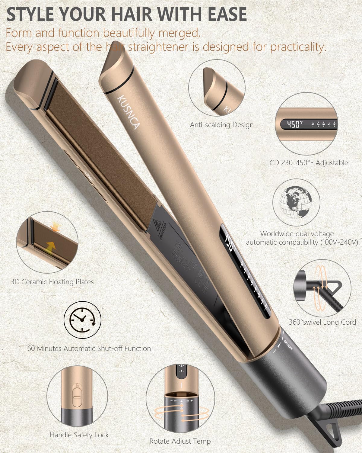 KUSNCA Hair Straightener, Professional Flat Iron Hair Straightener and Curler 2 in 1, Ceramic Negative Air Straighteners, Dual Voltage Travel Straightener, Front Anti-Scald Function, LCD 230°F-450°F, 1 Inch (Gold)