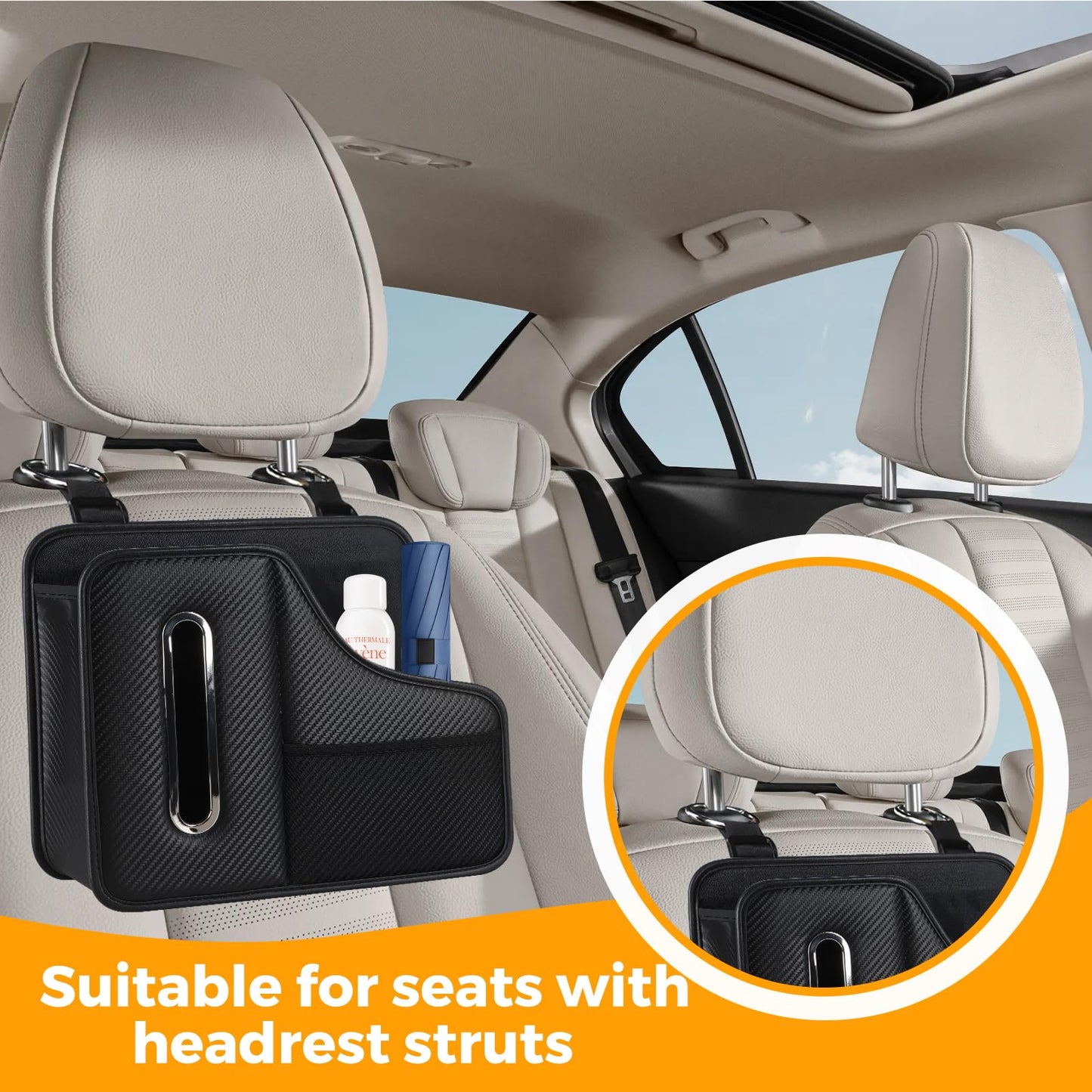 KZBHHP Car Tissue Holder,Back Seat Organizer with Cup Holder,Multifunctional Car Headrest Seat Back Storage,Snack Organizers for Kids,Large Tissue Box Cover Fit for 100-130 Regular Size Tissues