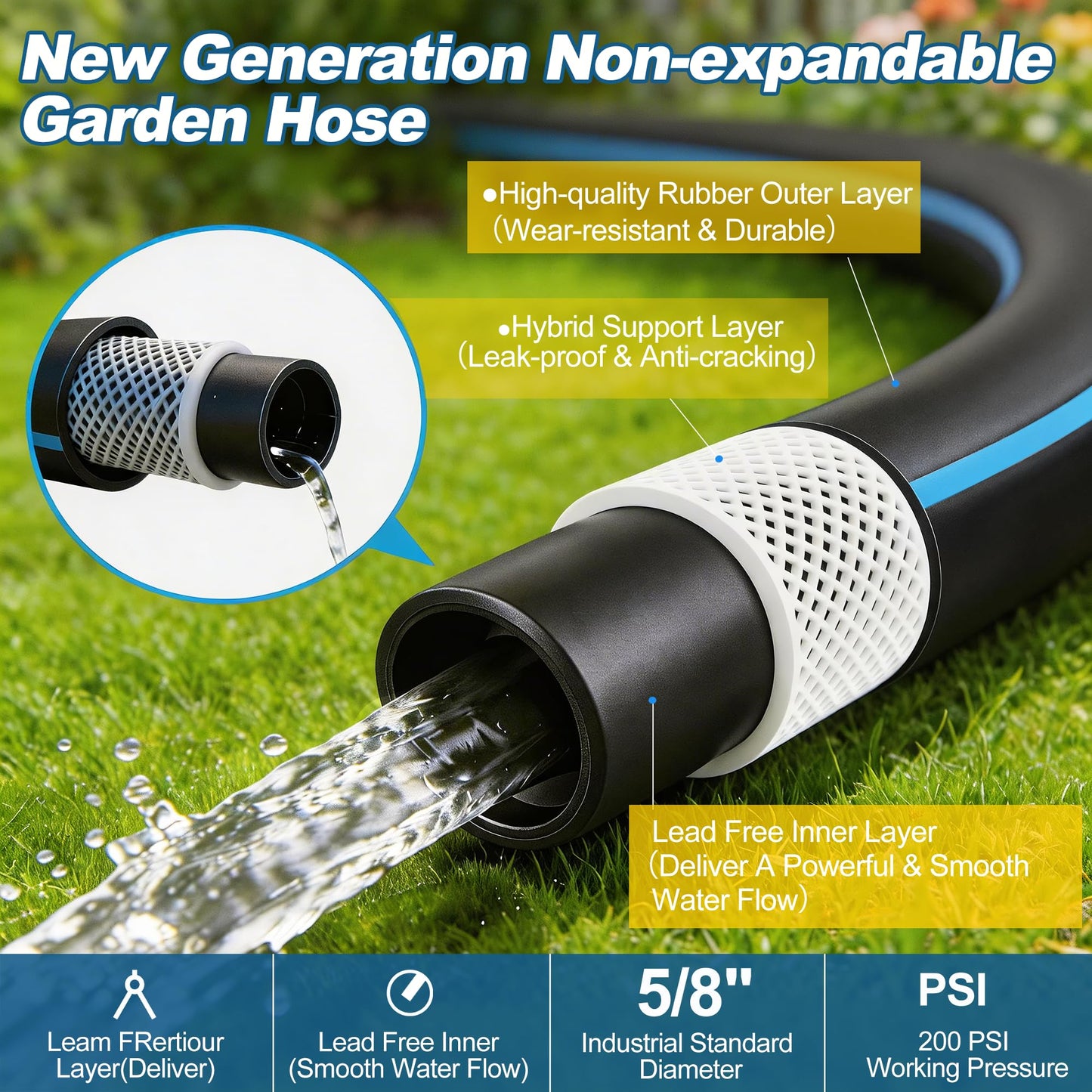 Heavy Duty Rubber Garden Hose 5/8" x 25FT, Non-Expandable Kink-Free Water Hose with Leak-Proof 3/4" Fittings for Yard Lawn and Car Wash