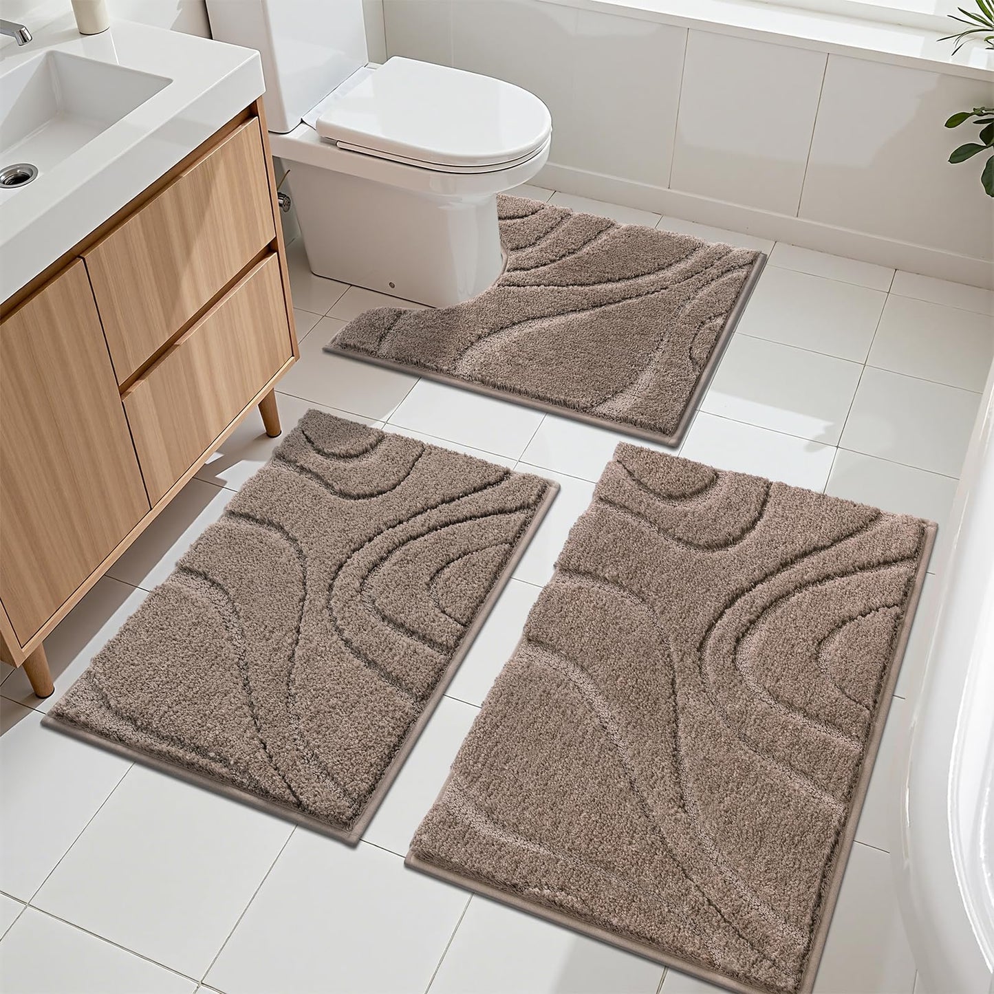 HEBE Microfiber Bath Mat Set 3 Piece, Ultra Absorbent Bathroom Mat, Non-Slip Plush Shaggy Bathroom Rug, Machine Washable Bath Mats for Bathroom Floor, Tub and Shower, Brown