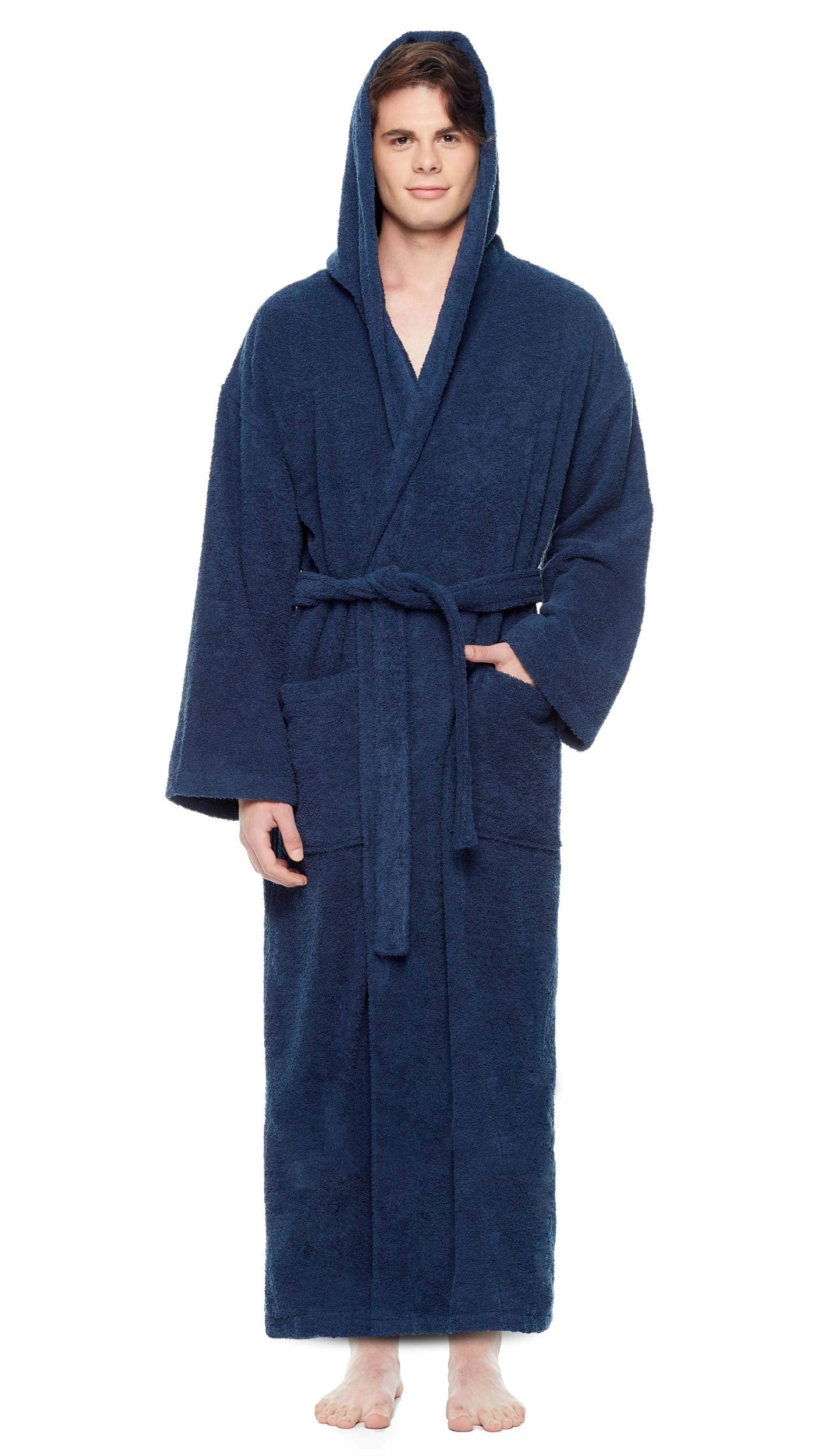 Arus Men's Hooded Classic Bathrobe Turkish Cotton Robe with Full Length Options (XXL,N.Blue)