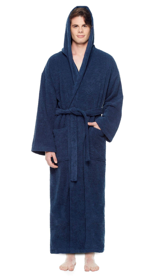 Arus Men's Hooded Classic Bathrobe Turkish Cotton Robe with Full Length Options (XXL,N.Blue)