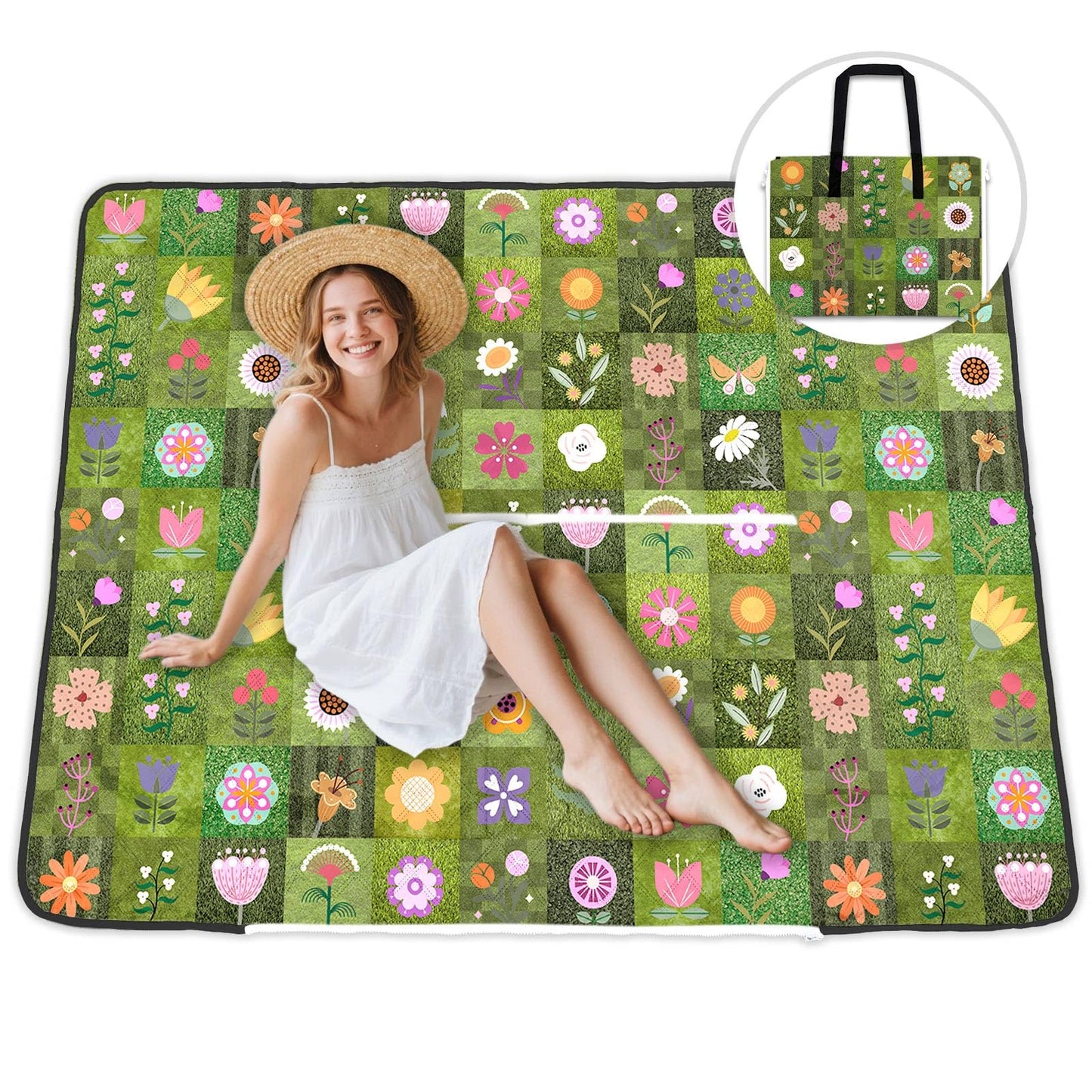 Floral Picnic Blanket 60"X80" Waterproof Foldable Large Outdoor Picnic Quilted Blanket Bag 2 in 1 Camping Flowers Machine Washable Picnic Mat Sandproof Backing Blanket for Grass Hiking Beach