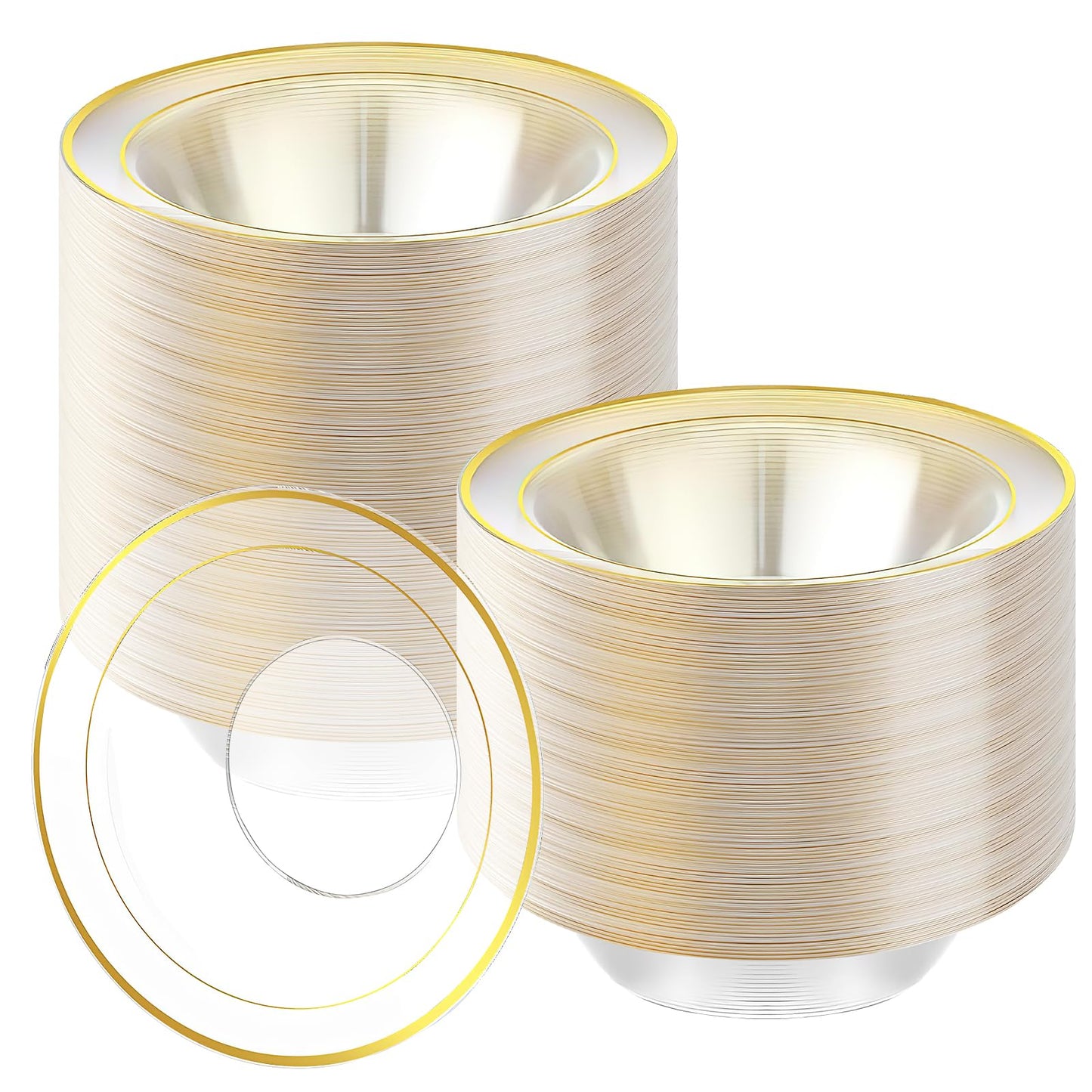 100Pcs Disposable Serving Bowls for Party, 12 oz Plastic Soup Bowls Bulk Clear Dessert Bowl with Gold Rim for Catering Holidays Dinner Wedding Party Supplies