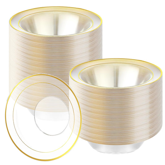 100Pcs Disposable Serving Bowls for Party, 12 oz Plastic Soup Bowls Bulk Clear Dessert Bowl with Gold Rim for Catering Holidays Dinner Wedding Party Supplies