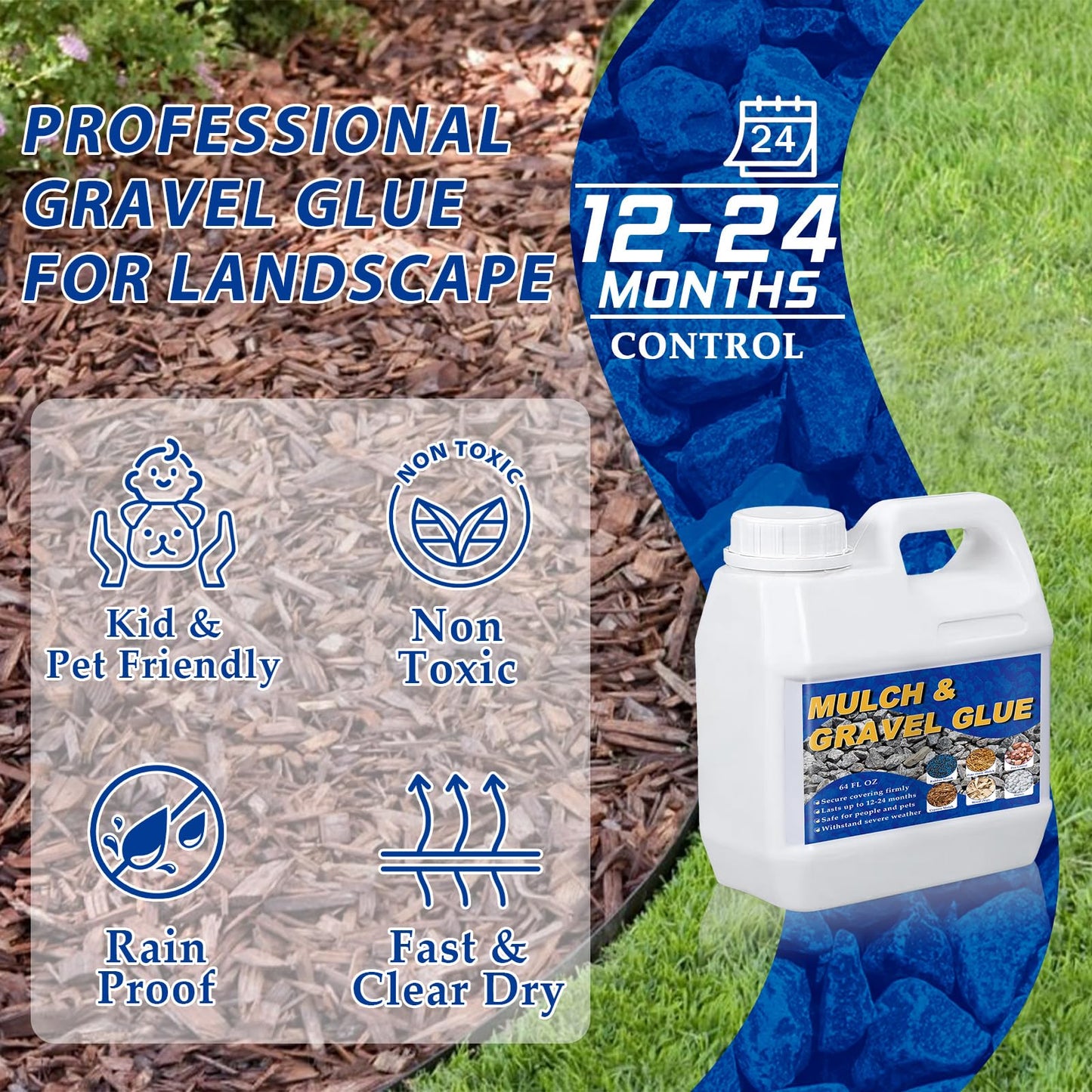 64OZ Mulch and Rock Glue for Landscaping, Fast Drying Lockdown Sticky Rock Glue, Reliable and Non-Toxic Gravel Binder for Rocks, and Pea Gravel, Lasts up to 12-24 Months