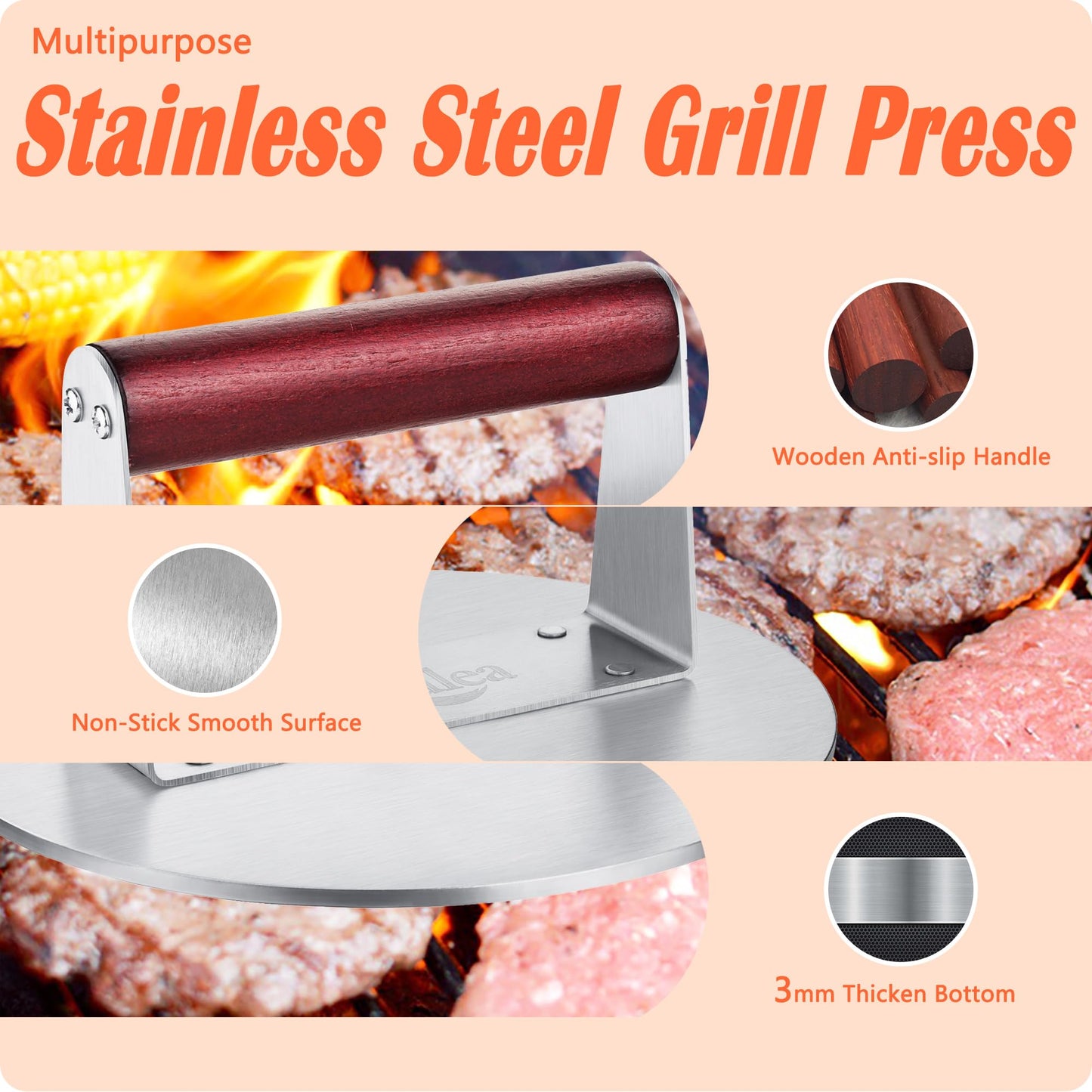 Stainless Steel Burger Press Kit, Heavy-Duty Thicken Smash Burger Press with Heat Resistant Wooden Handle Grill Press Bacon Sandwich Meat Press Non-Stick Bacon Press, 6.3 Inch