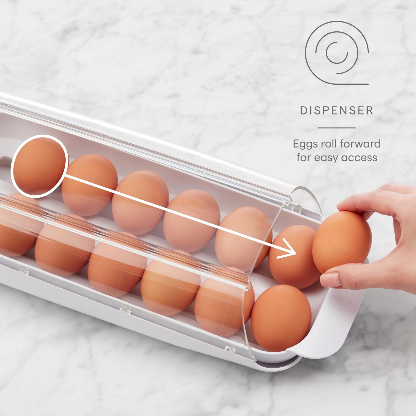 YouCopia FridgeView Rolling Egg Holder, Stackable Dispenser and Organizer for Refrigerator Storage, White