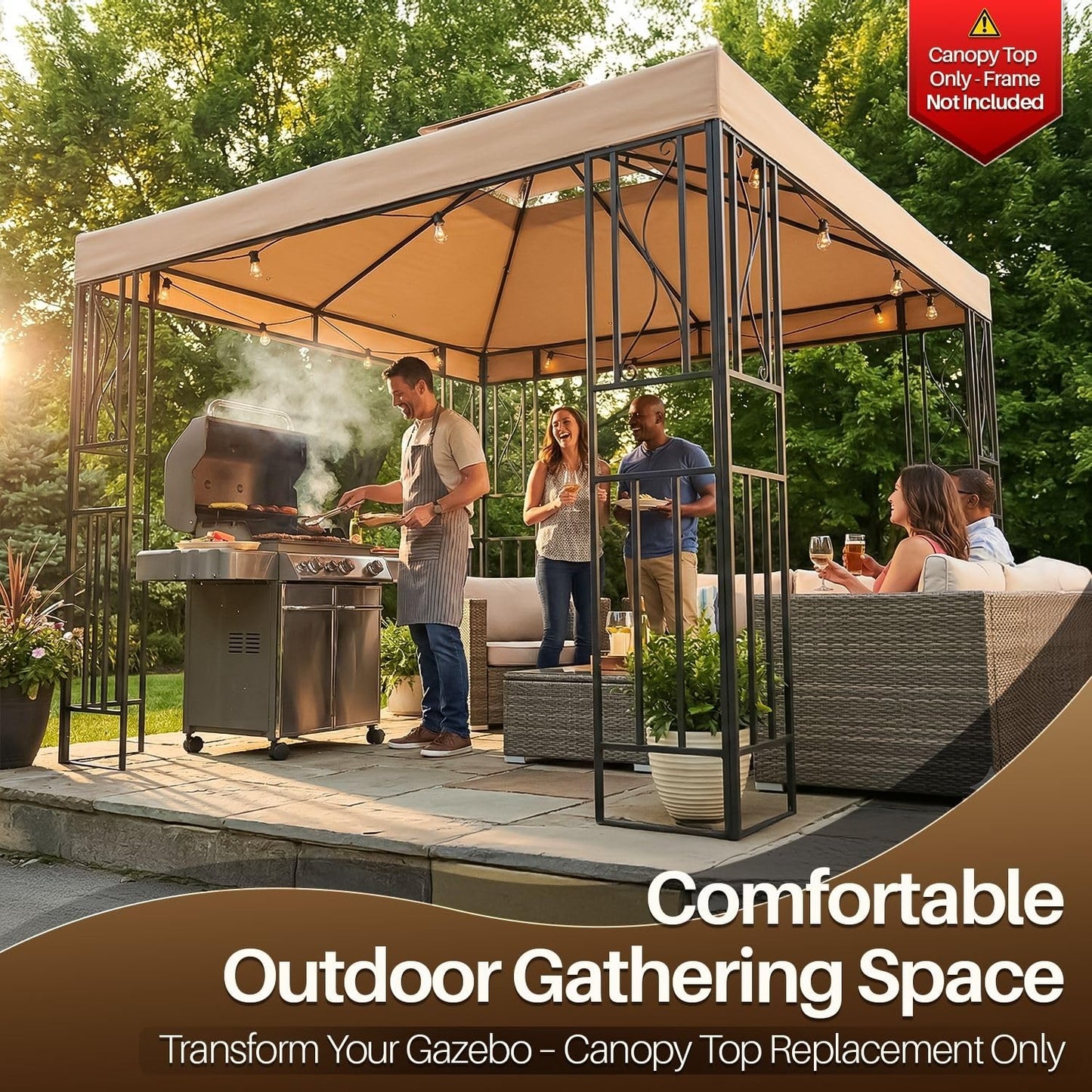 Flexzion Gazebo Cover Replacement Canopy Top 12x12 Ft (3.6m x 3.6m) - Double Tier Top Canopy Cover Replacement with UV30+, Dirt, Water Resistant for Outdoor, Sunshade, Garden, Patio, Pavilion (Beige)