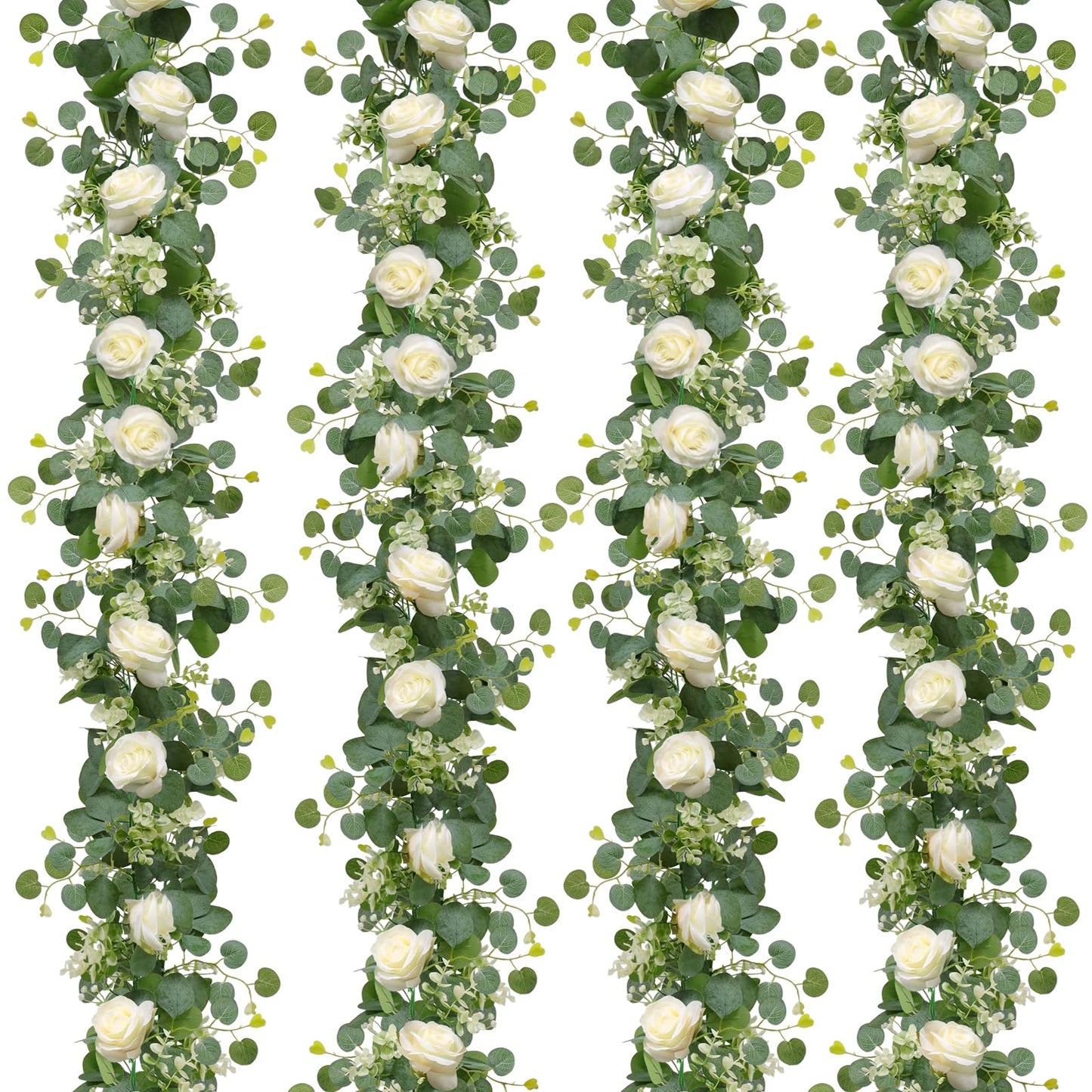 TOCHGREEN 4Pcs(26 Ft) Artificial Eucalyptus Flower Garland with White Rose Flowers,Faux Rose Vine Gypsophila Garland,Floral Garland Greenery Garland for Party Wedding Table Decor (White, 4PCS)
