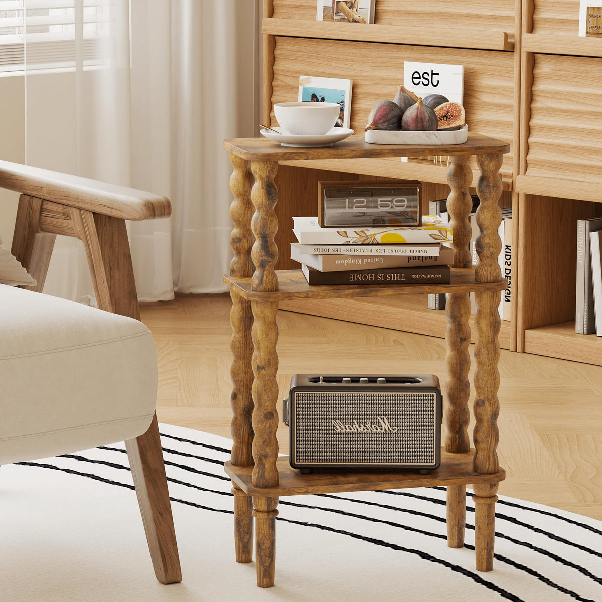Veegle Side Table, Small End Table with Storage Shelf, 3-Tier Small Coffee Tables for Living Room Bedroom Narrow Spaces(Rustic Brown)