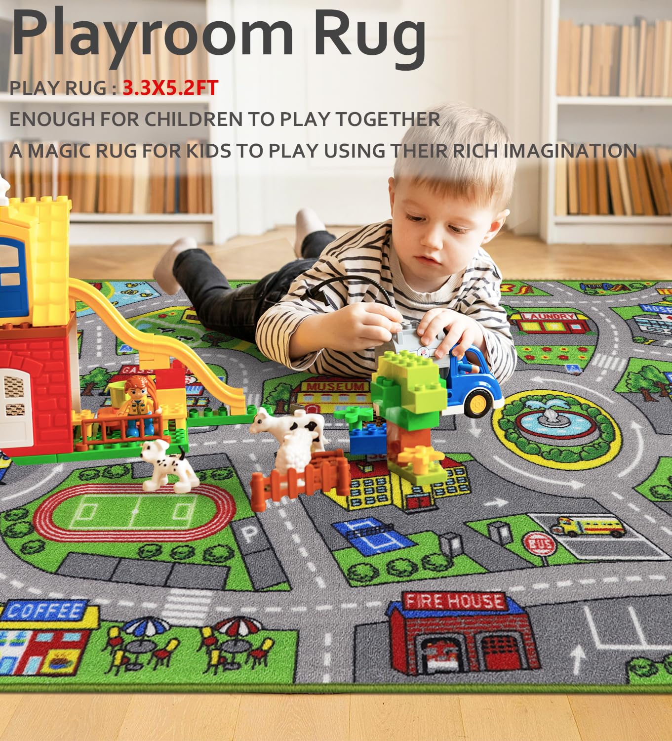 VSIWB Kids Rug 3'3" x 5'2" City Life Playmat Area Rug Car City Map Washable Traffic Road Educational Learning Nursery Rug Carpet for Children Playroom Living Room Bedroom Classroom Decor Green
