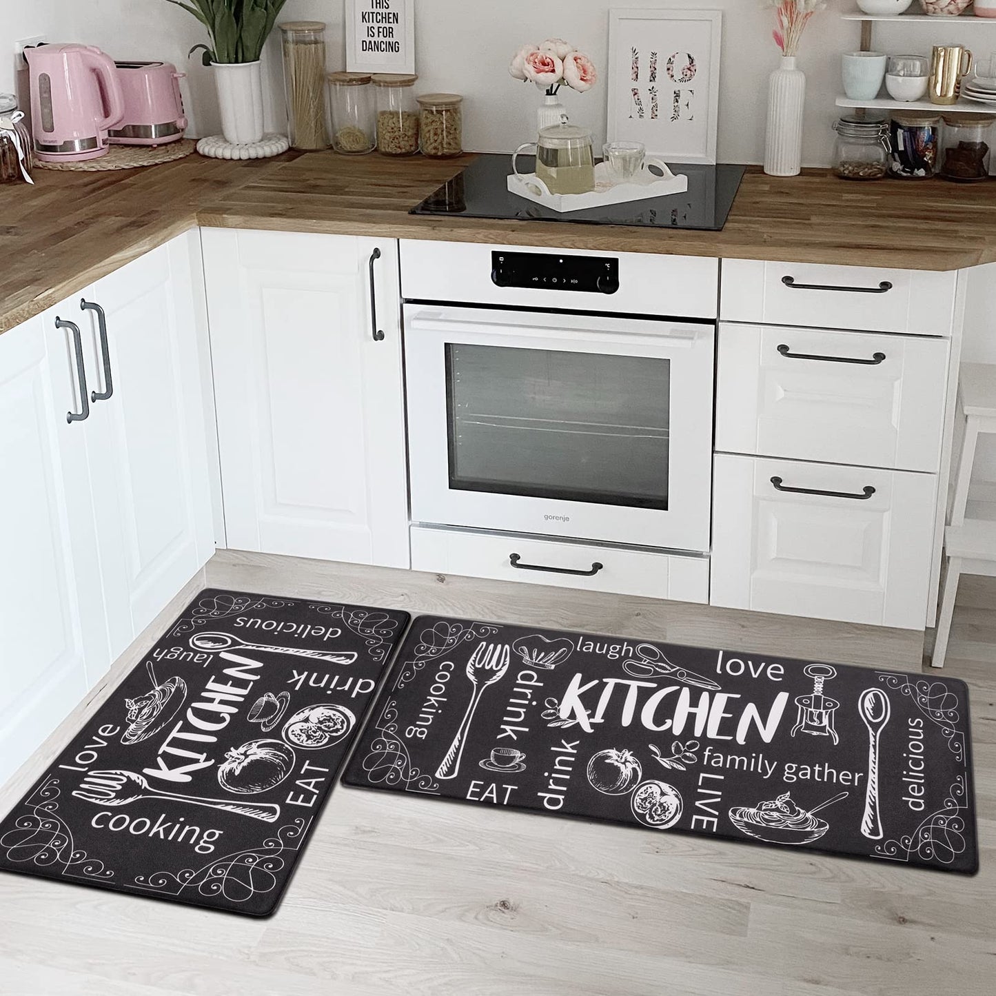 HEBE Anti Fatigue Kitchen Mat Set of 2 Non Slip Thick Cushioned Kitchen Rug Sets with Runner 17 inches x48 inches +17 inches x28 inches Heavy Duty Comfort Standing Mats Waterproof Kitchen Carpet